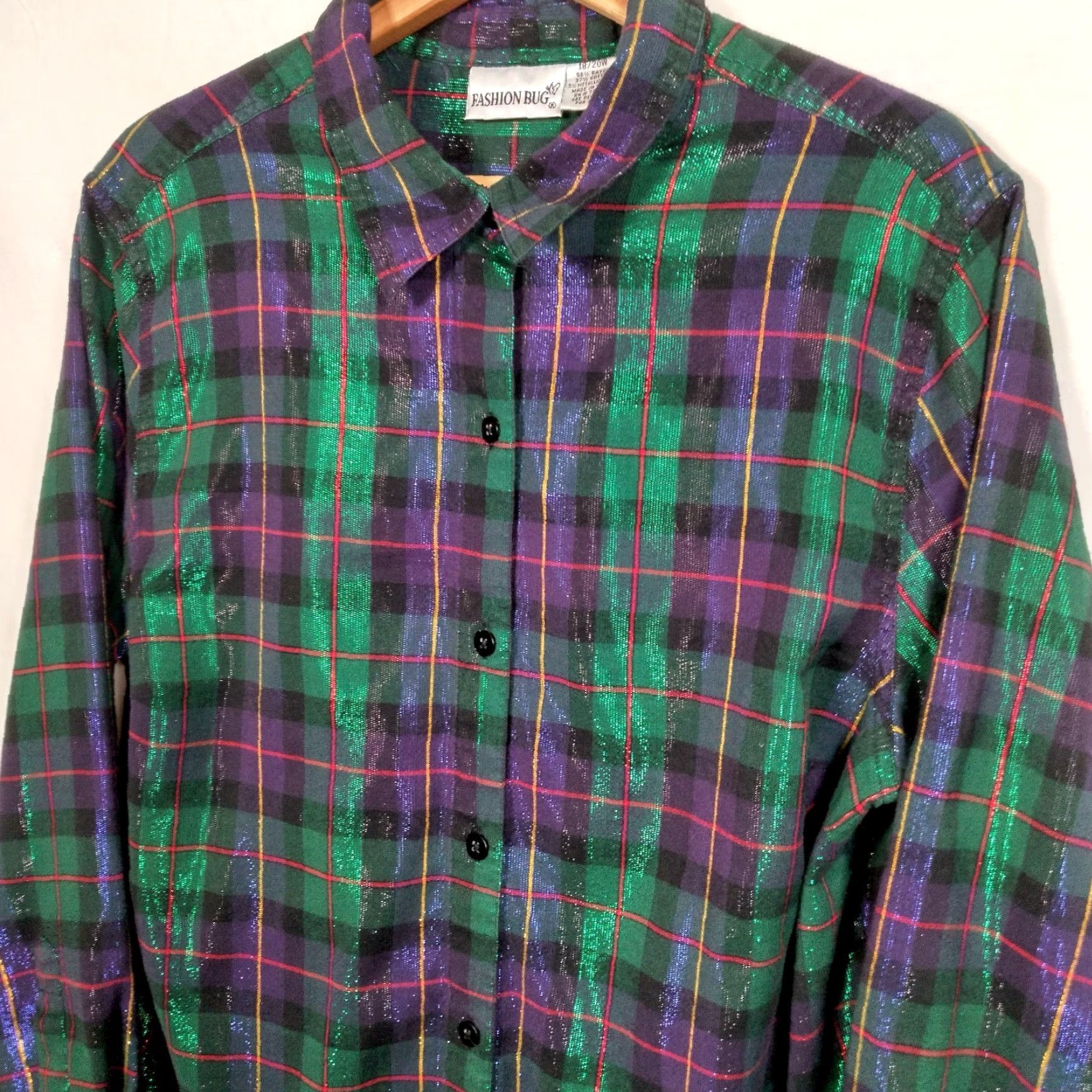 Vintage VINTAGE Fashion Bug Womens Blouse 18/20 Green Purple Plaid Metallic Long Sleeve 90s Fall Winter Casual Size XXL / US 16-18 / IT 52-54 - 3 Thumbnail
