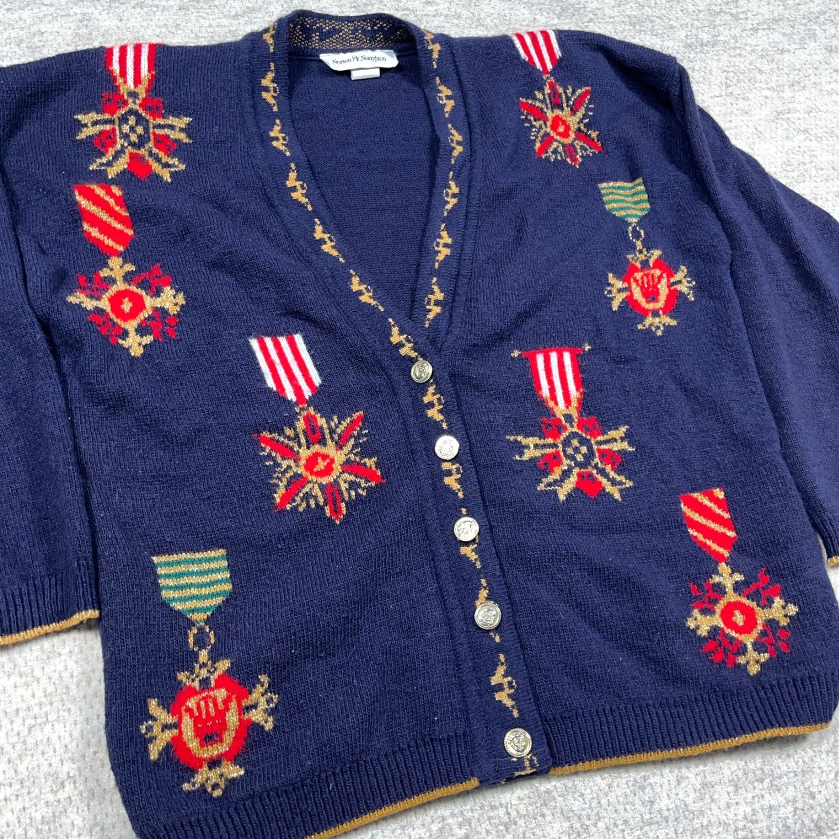 Vintage VINTAGE Norton McNaughton Cardigan Sweater Women Large Navy Medals Equestrian Dark Blue Wool? Size L / US 10 / IT 46 - 2 Thumbnail