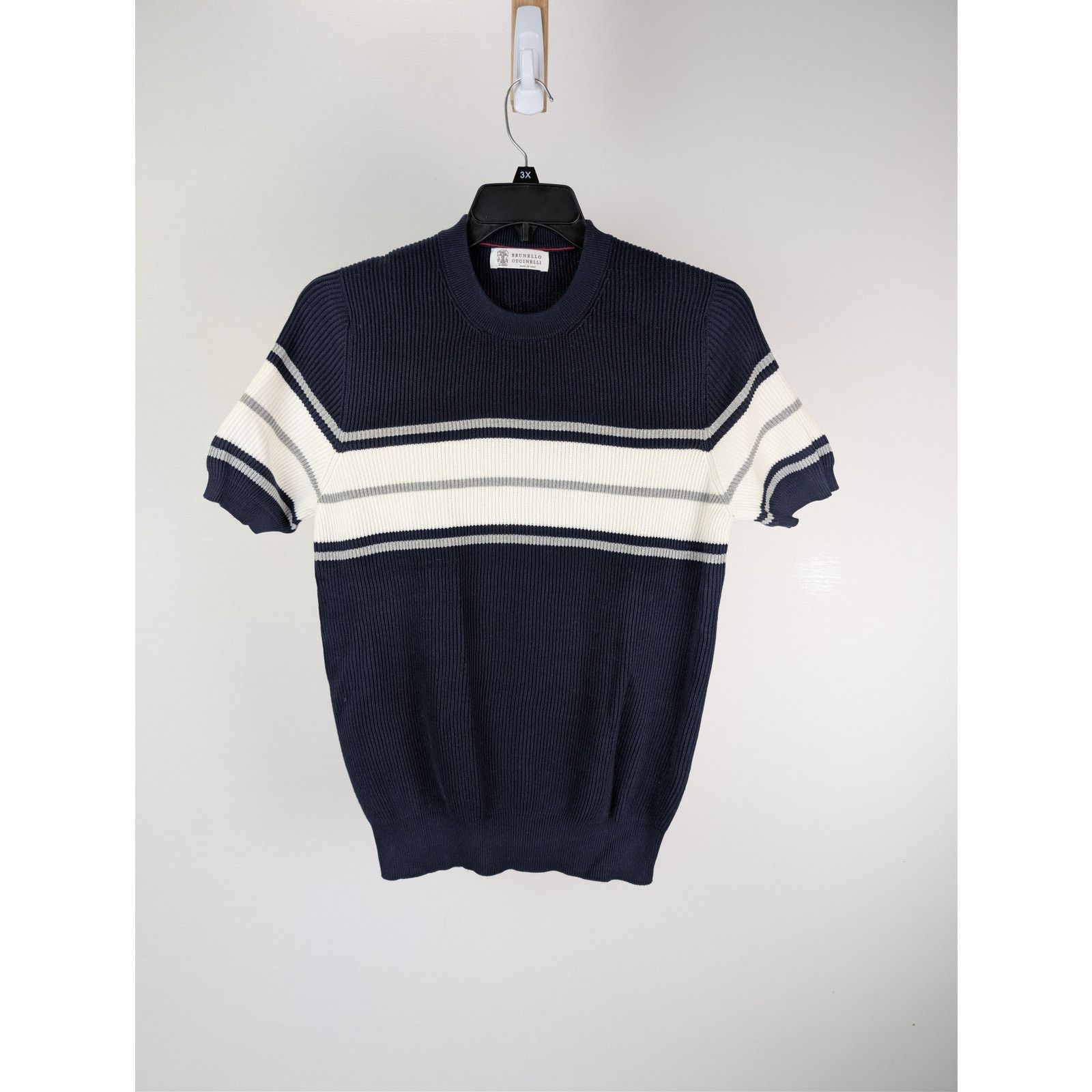 Brunello Cucinelli o1rshd1 CC20 Short-Sleeve Striped Crewneck Sweater navy blue Size US M / EU 48-50 / 2 - 7 Thumbnail