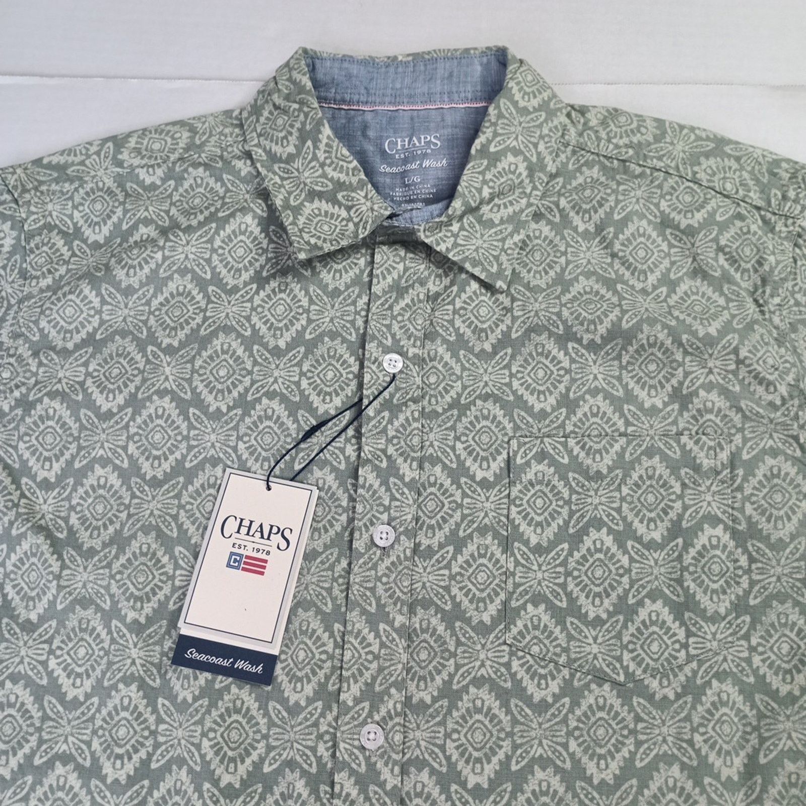 Chaps Chaps Seacoast Chambray Woven Shirt Mens L Green Aztec Print Size US L / EU 52-54 / 3 - 2 Thumbnail