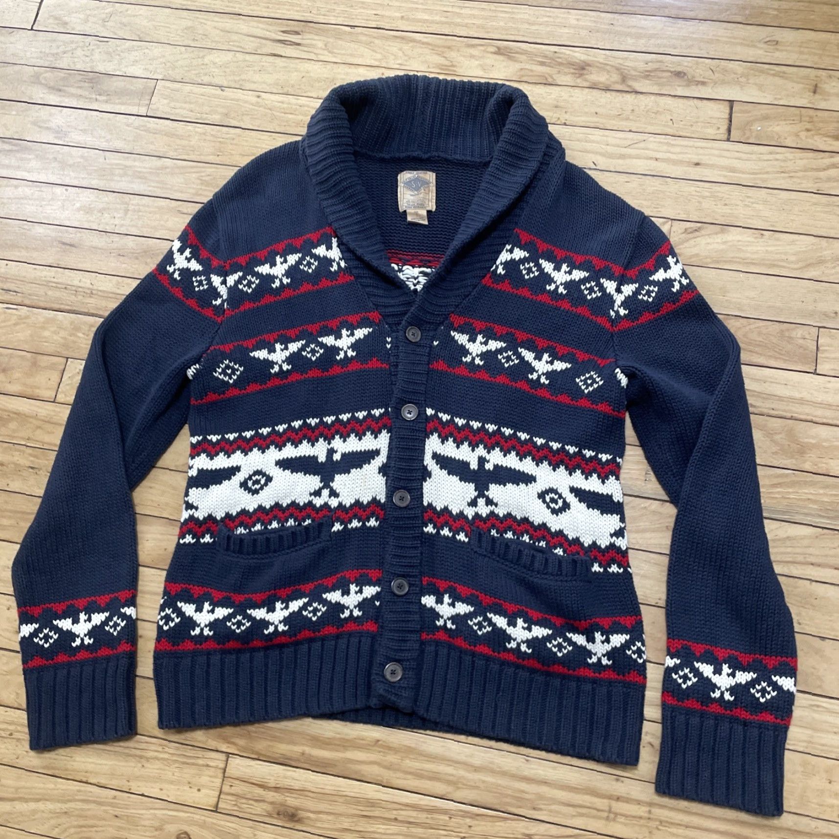 Vintage Salt Valley Cardigan Sweater L Blue Red White Cotton Knit Shawl Collar Casual Mens 90s Lebowski Aztec Fair Isle Pockets Size US L / EU 52-54 / 3 - 4 Thumbnail
