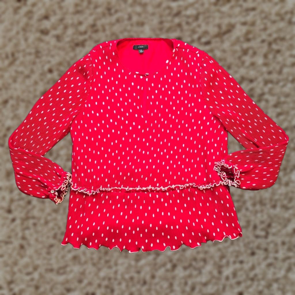J.Crew J.CREW Blouse Womens Medium Red Polka Dot Pleated Long Sleeve Casual Holiday Career Shirts Size M / US 6-8 / IT 42-44 - 1 Thumbnail