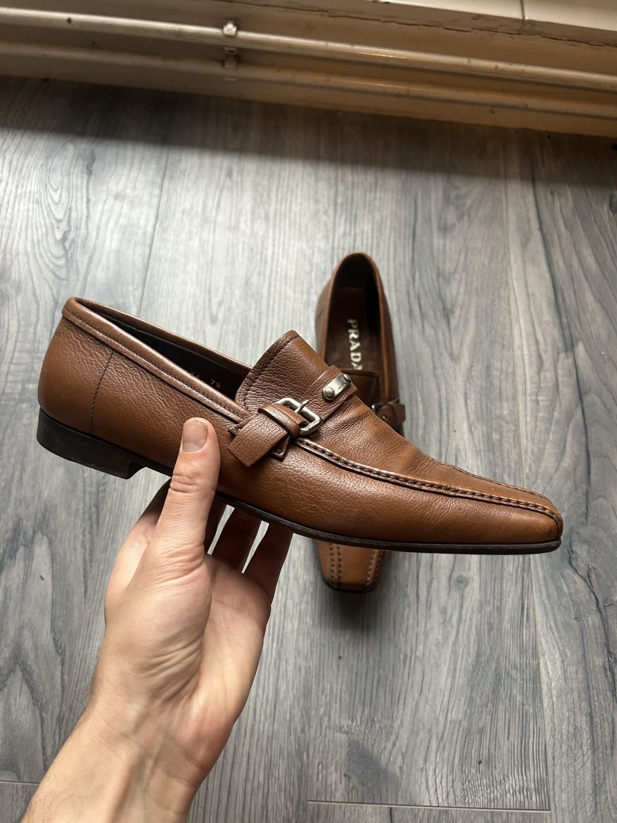 Prada Prada Brown Pebbled Leather Loafers Size US 9 / EU 42 - 2 Thumbnail