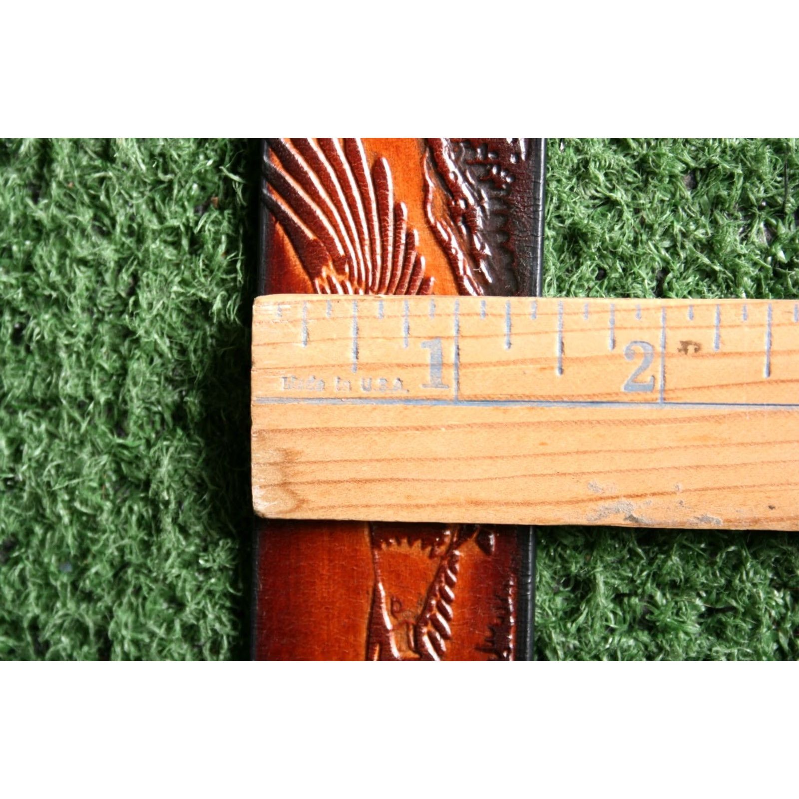 Vintage VINTAGE Leegin Eagle Leather Works British Tan Embossed Belt Sz. 28 (No Buckle) Men Leather Western Belt Size 28 British Tan Size 28 - 7 Thumbnail