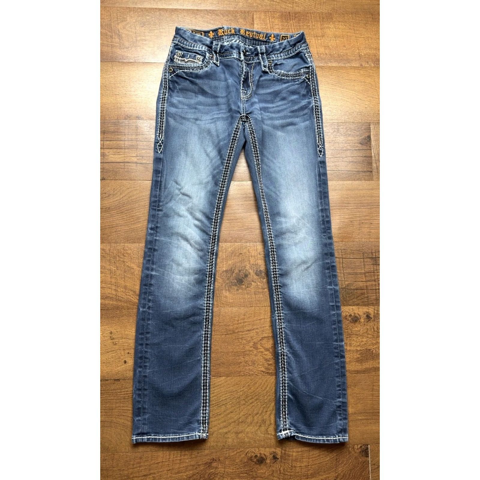 Vintage Rock Revival Avery Straight Jeans Women's 27 Blue Denim Rhinestones Flap Pockets Embroidered Thick Stitching Size 27" / US 4 / IT 40 - 3 Thumbnail