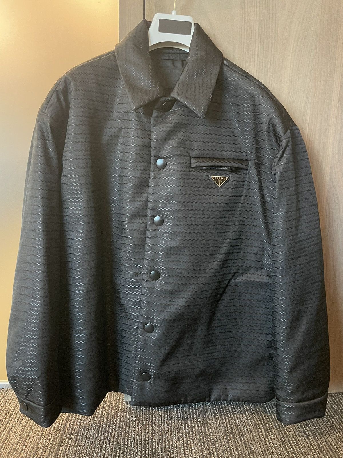 Image of Padded Prada Logo Shirt Jacket in Black, Men's (Size Small)