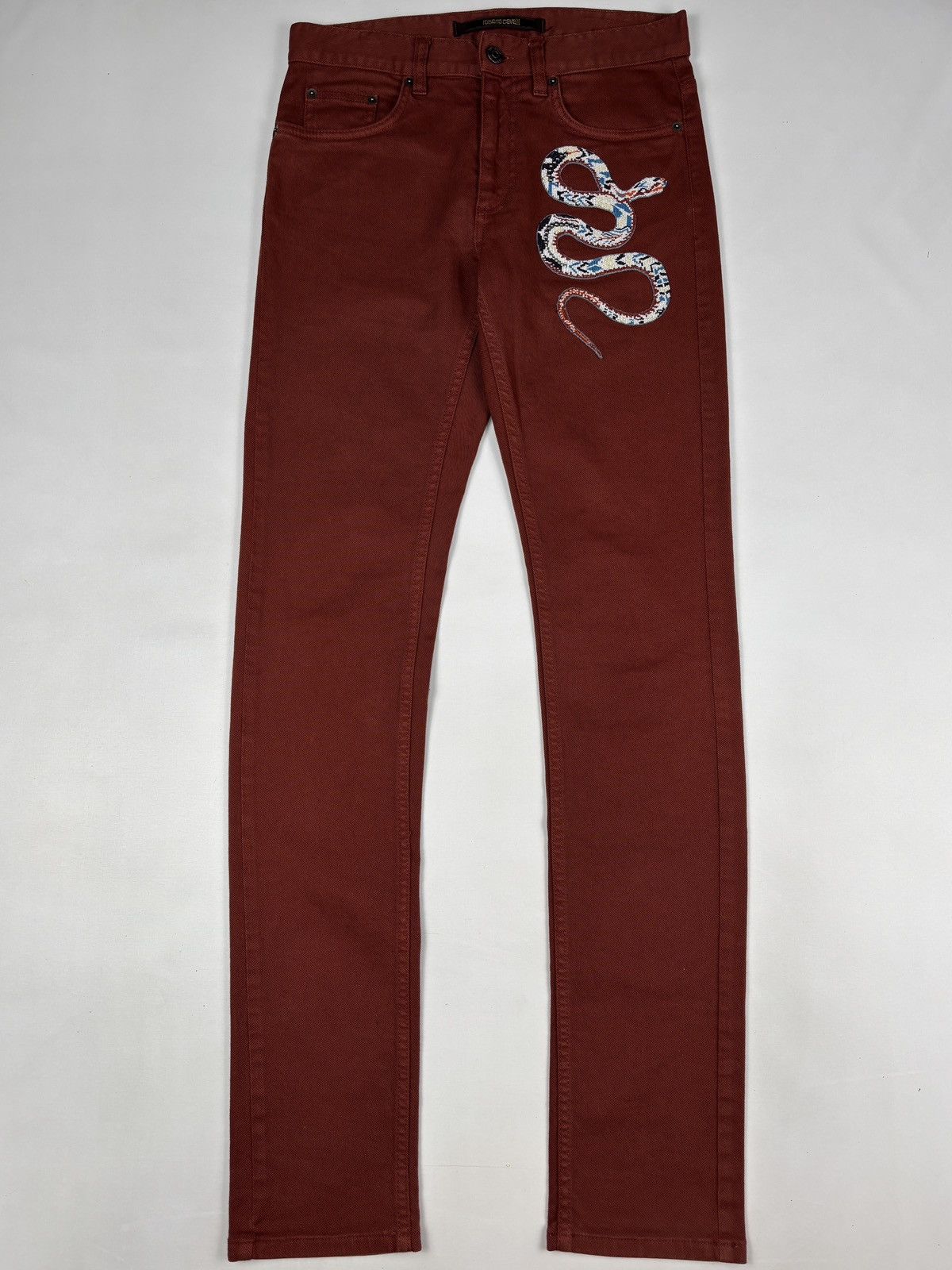 Roberto Cavalli Burgundy Snake Embroidered Slim Fit Jeans Size US 30 / EU 46 - 1 Thumbnail