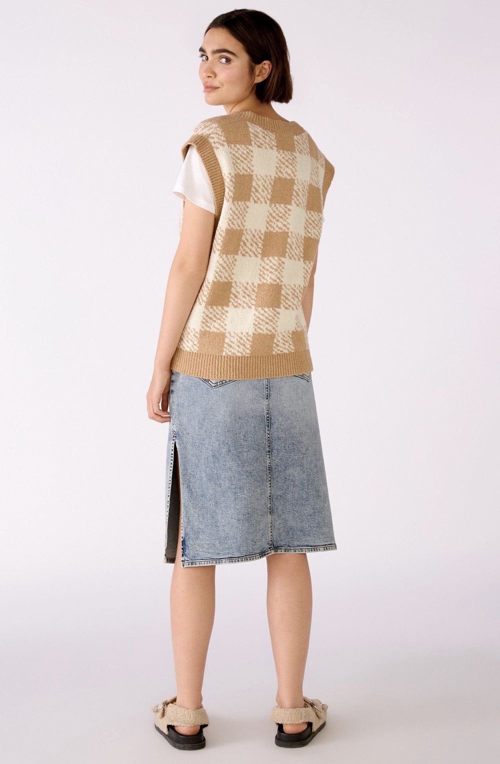 Designer Oui Womens Premium V-Neck Checked Knitted Vest Sweater Size L / US 10 / IT 46 - 3 Thumbnail