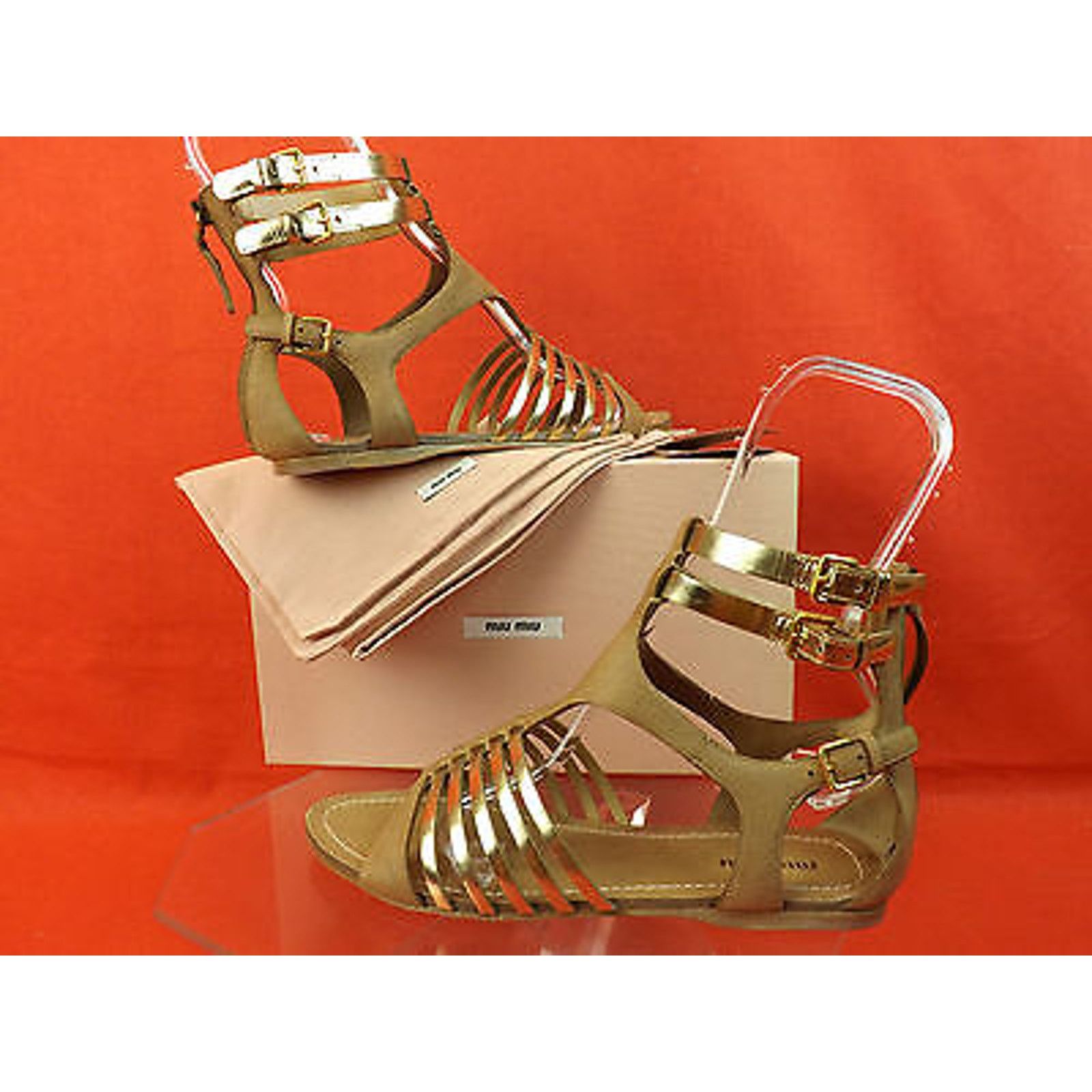 Miu Miu CAMEL GOLD LEATHER BACK ZIP GLADIATOR FLATS SANDALS 35.5 Size US 5.5 / IT 35.5 - 4 Thumbnail