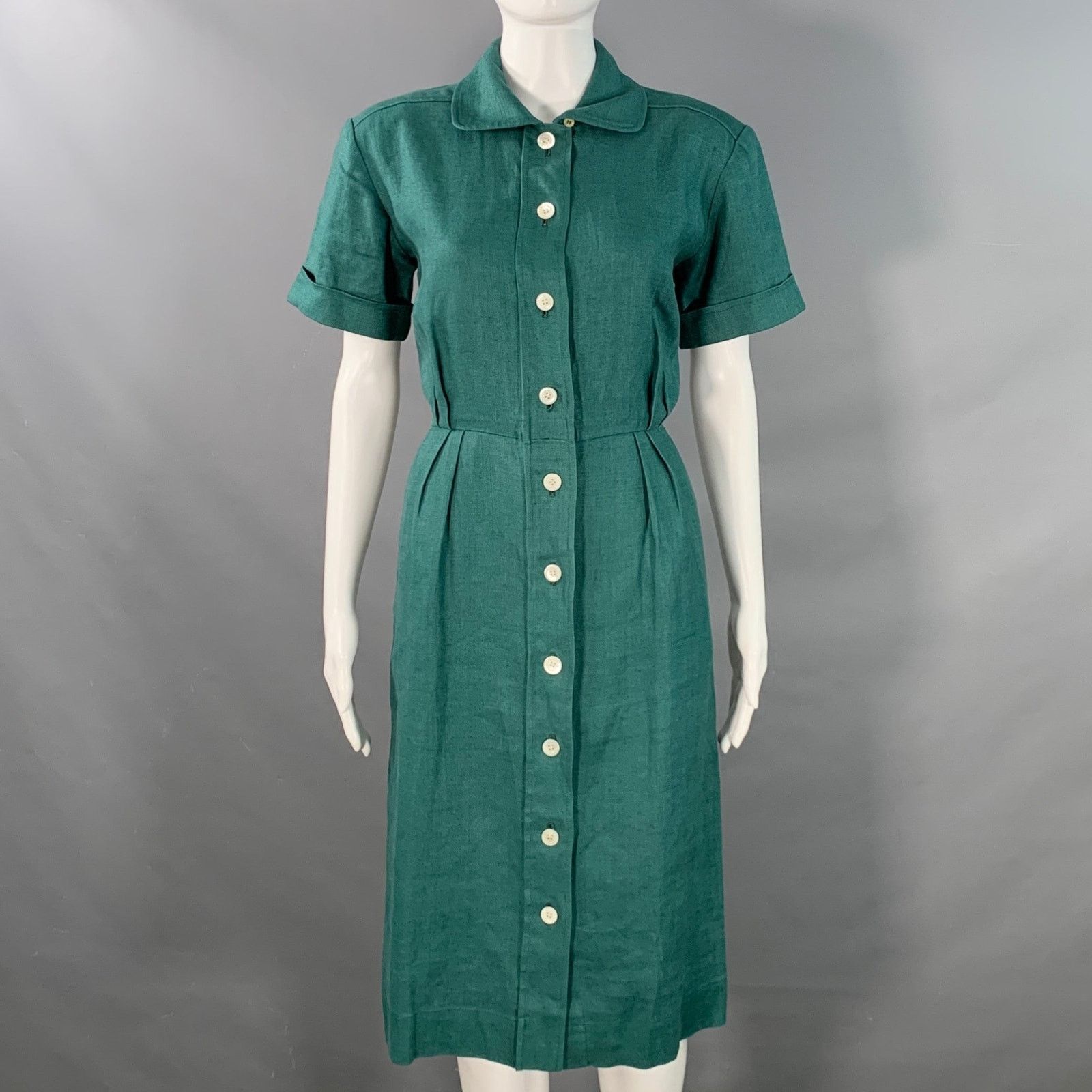 Yves Saint Laurent 6 Green Linen Button Up Pleated Shirt Dress Size M / US 6-8 / IT 42-44 - 1 Thumbnail