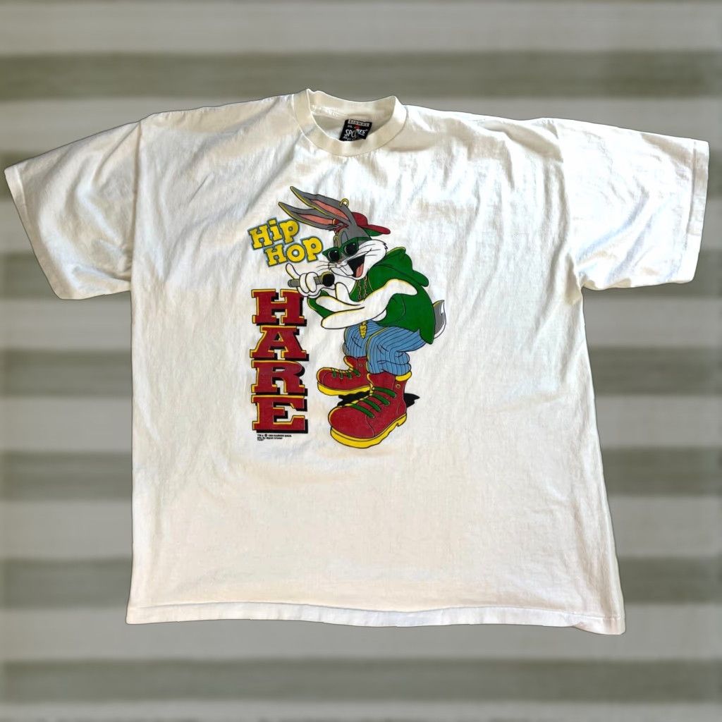 HARE VINTAGE 1993 Warner Bros Hip Hop Hare T-Shirt Signal Artwear 2XL Mens White Cotton Graphic 90s Cartoon Hip Hop Decade Shirt Size US XXL / EU 58 / 5 - 1 Thumbnail