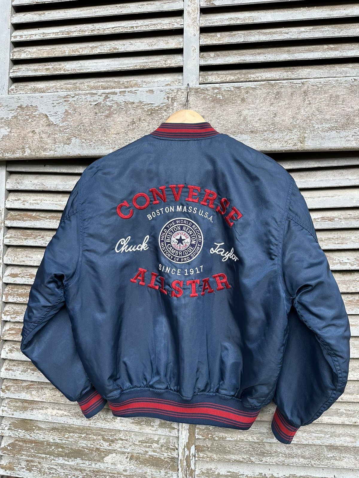 image of Vintage Converse Boston Mass Embroidery Logo Bomber Jacket in Navy, Men's (Size Medium)