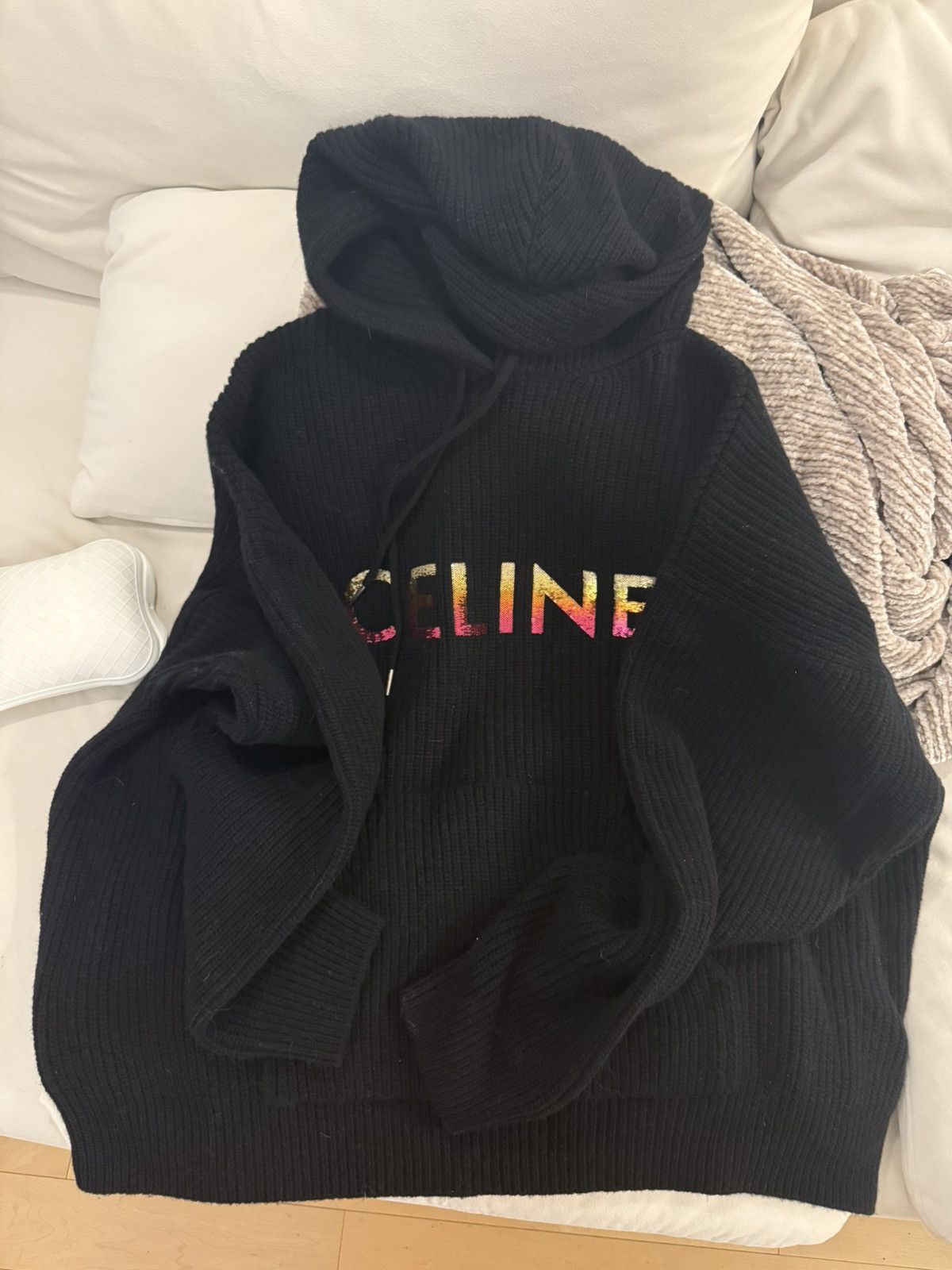 Celine Celine Sequin Embroidered Hooded Sweater in Ribbed Wool