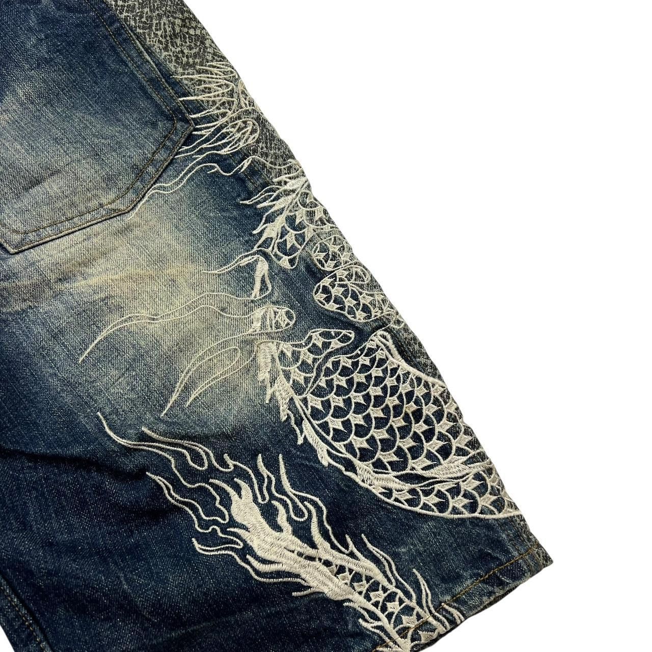 Karakuri Tamashii Karakuri Tamashii Embroidered Dragon Denim Shorts - Waist 31 Size US 31 - 6 Thumbnail