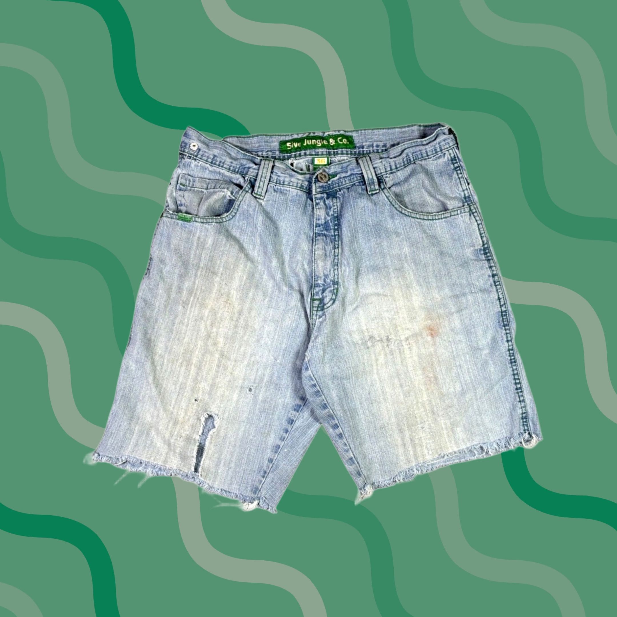 CO VINTAGE 5ive Jungle & Co Denim Shorts Bermuda Blue Light Wash 34 Mens Distressed 5-Pocket Zip? Button? (use only original words) Size US 36 / EU 52 - 1 Thumbnail