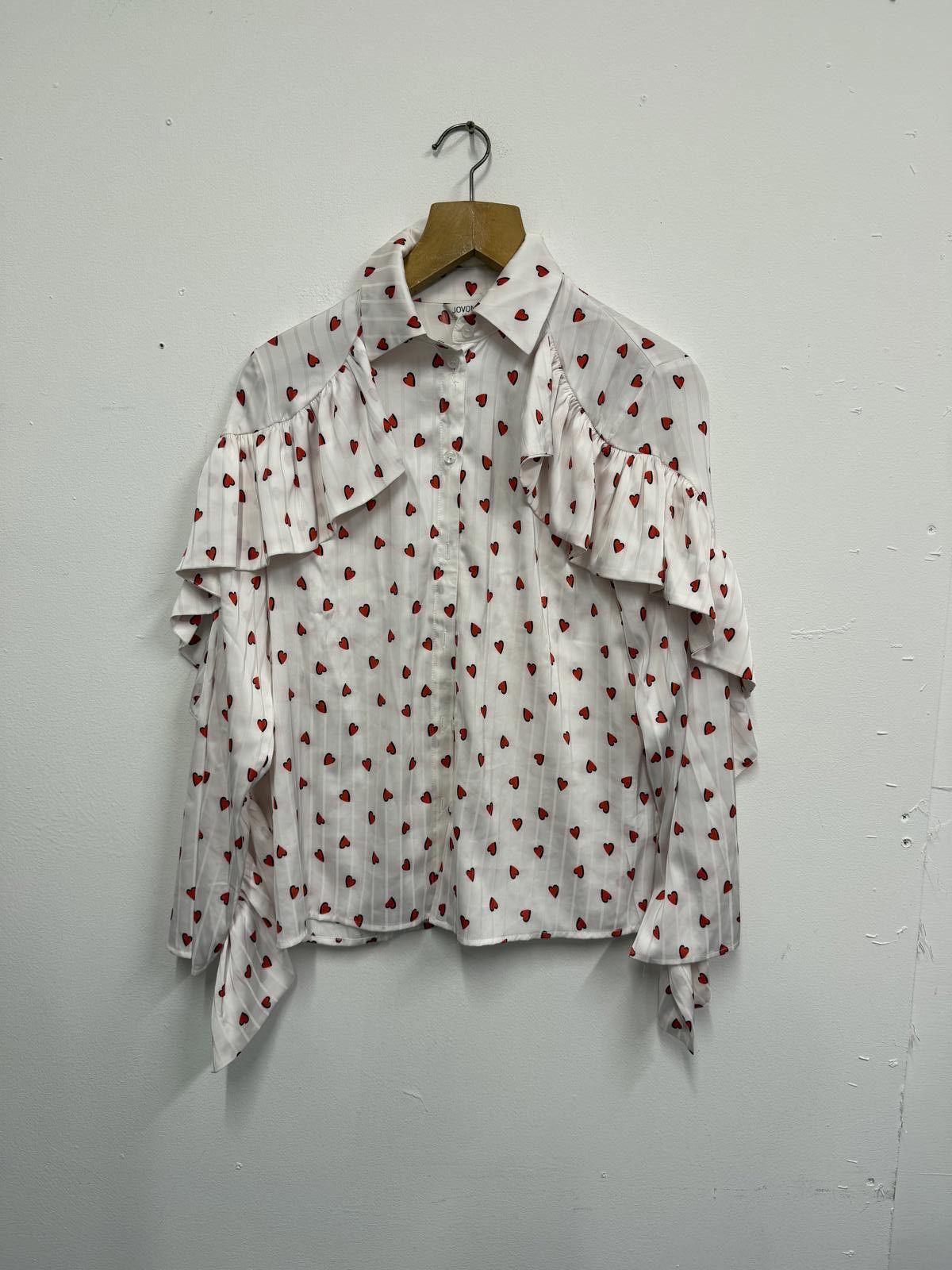 Unknown London White Blouse with Red Heart Print and Ruffle Sleeves Size XS / US 0-2 / IT 36-38 - 1 Thumbnail