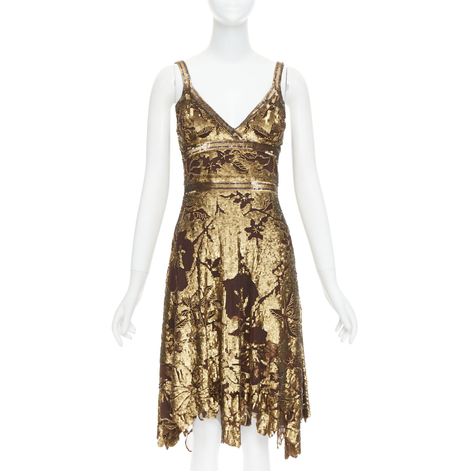 Other WUNDERKIND bronze gold brown 100% silk floral sequin handkerchief dress US2 S Size S / US 4 / IT 40 - 1 Thumbnail