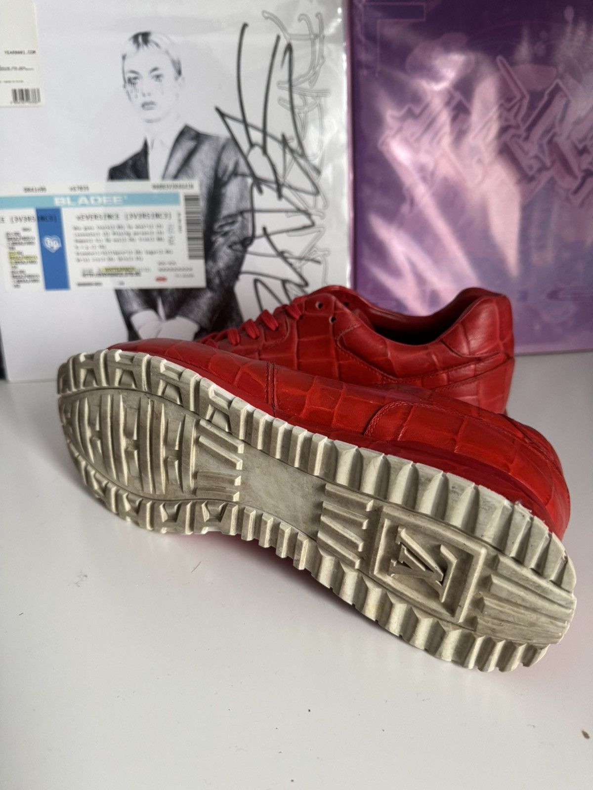 Louis Vuitton Louis Vuitton Red Crocodile Embossed Leather Sneakers Luxury Size US 7.5 / EU 40-41 - 3 Thumbnail