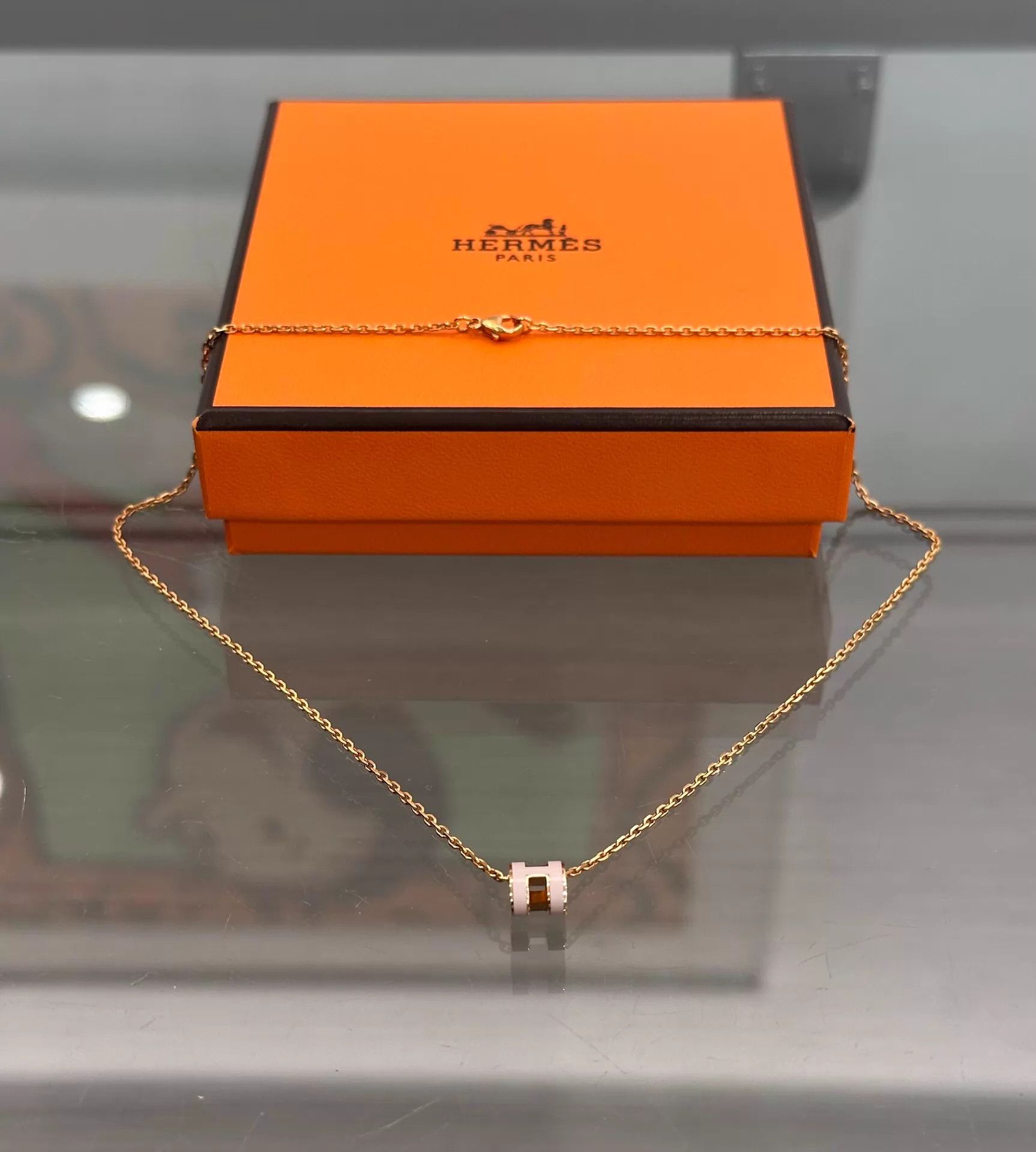 Hermes Hermès PopH Pink Enamel Mini H Rose Gold Necklace 40cm Size ONE SIZE - 1 Thumbnail