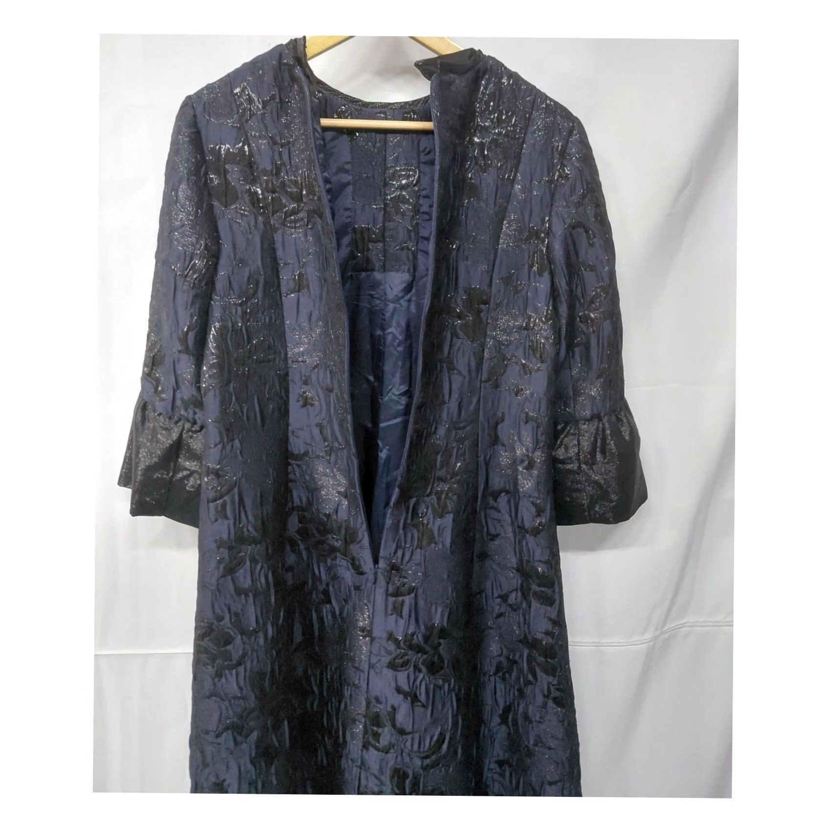 Vintage Rickie Freeman for Teri Jon Dress | Women A-Line Knit Jacquard Knee Length Bell Sleeve Navy Blue Metallic Size L / US 10 / IT 46 - 4 Thumbnail