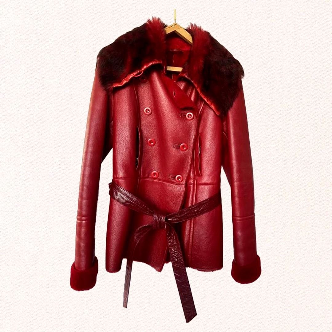 Other "Dark red womens Leather Shearling Coat sz M Lamb Fur Lining Size M / US 6-8 / IT 42-44 - 4 Thumbnail