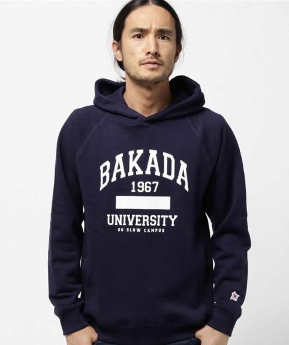image of Go Slow Caravan ‘Bakada University” Pullover Hoodie in Navy Blue, Men's (Size Small)