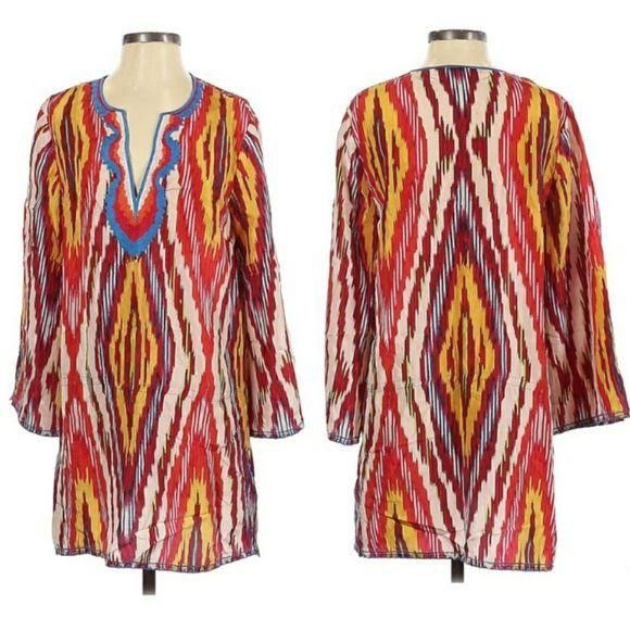Bcbgmaxazria BCBGMaxAzria Silk Tunic Top Sz S Multicolor Ikat Retro 70's Size S / US 4 / IT 40 - 14 Thumbnail