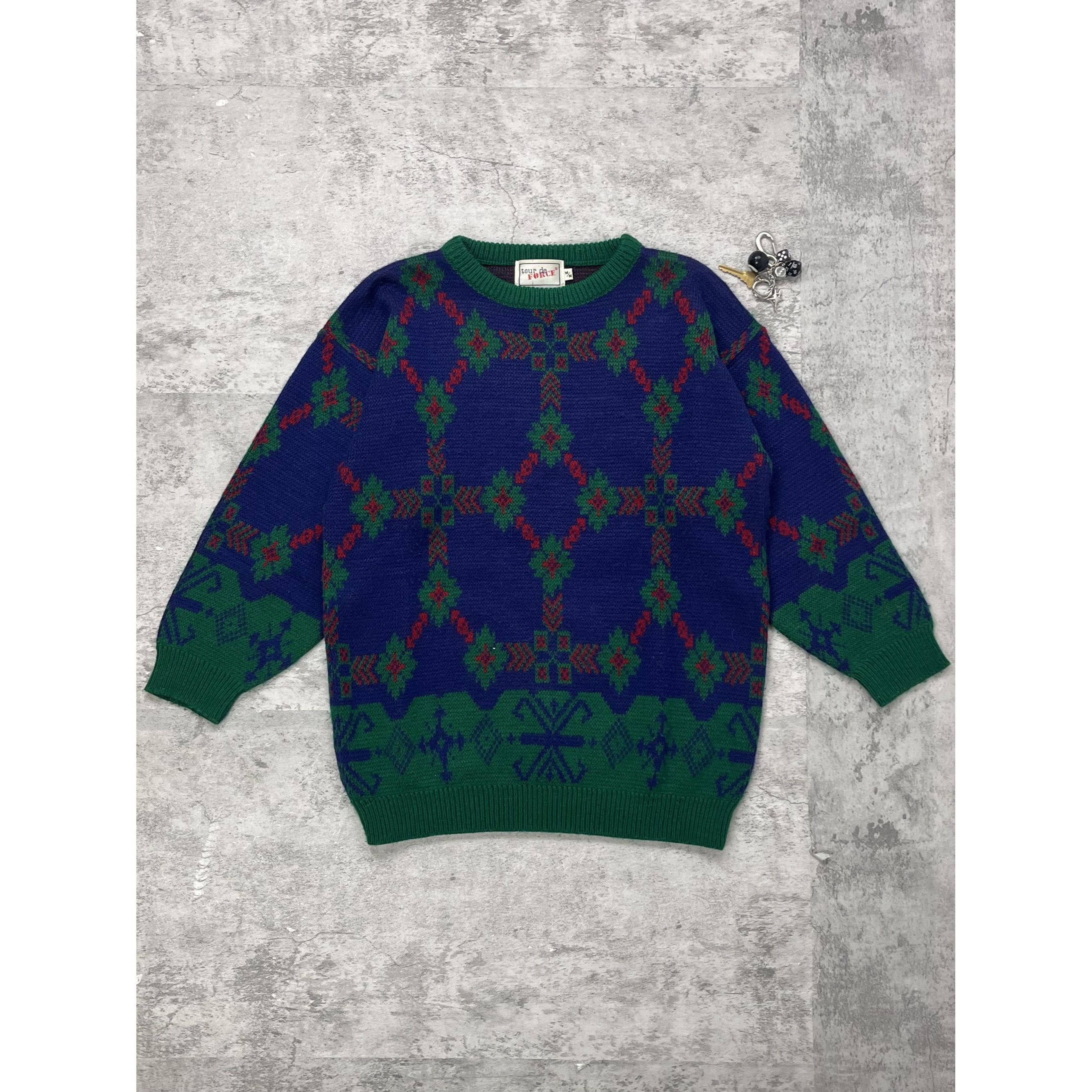 Other Vintage 90s Tour De Force Patterned Blue & Green Knit Sweate Size US M / EU 48-50 / 2 - 1 Thumbnail