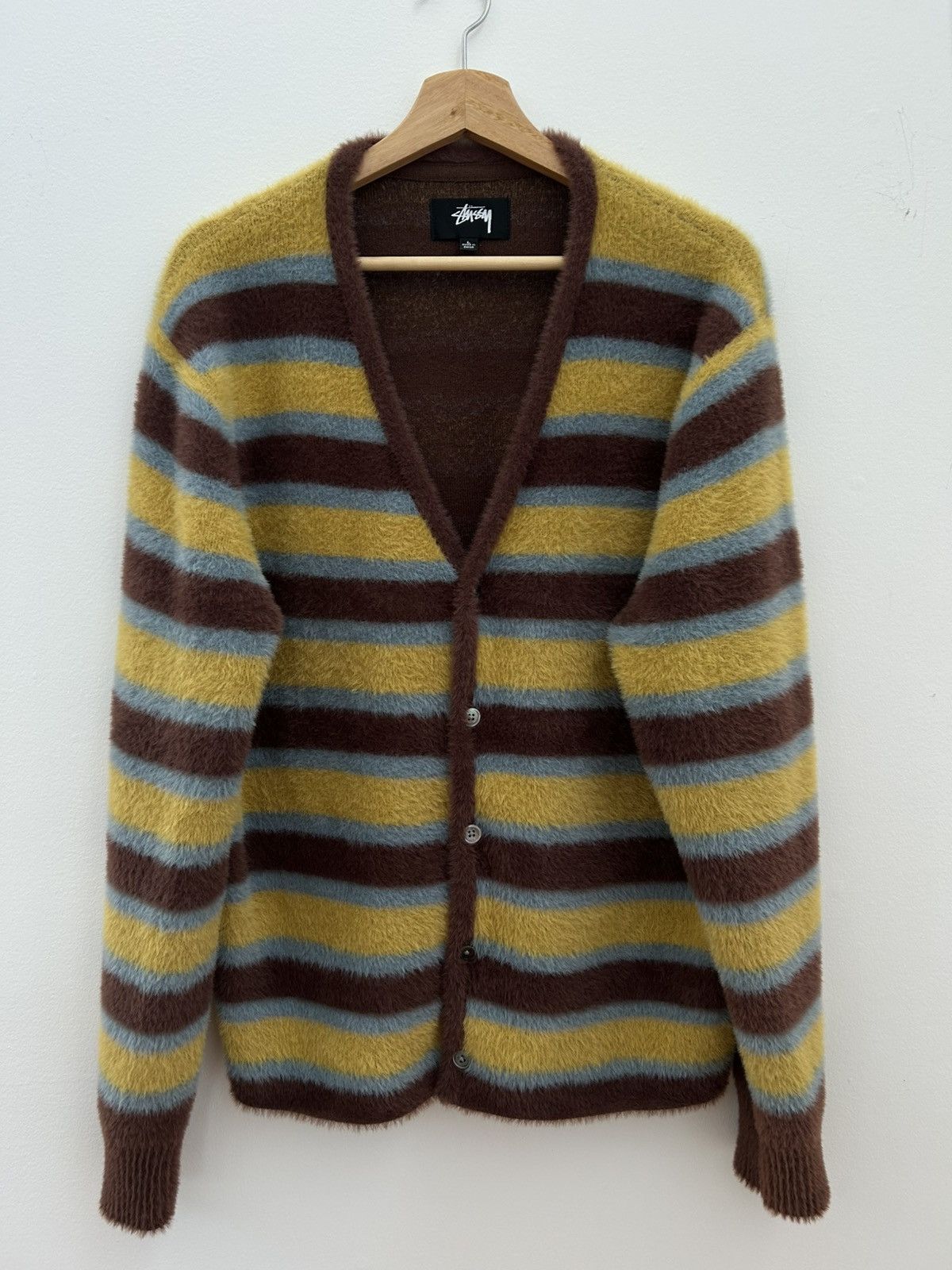 Stussy Fuzzy Shaggy Stripe Cardigan Sweater Size L