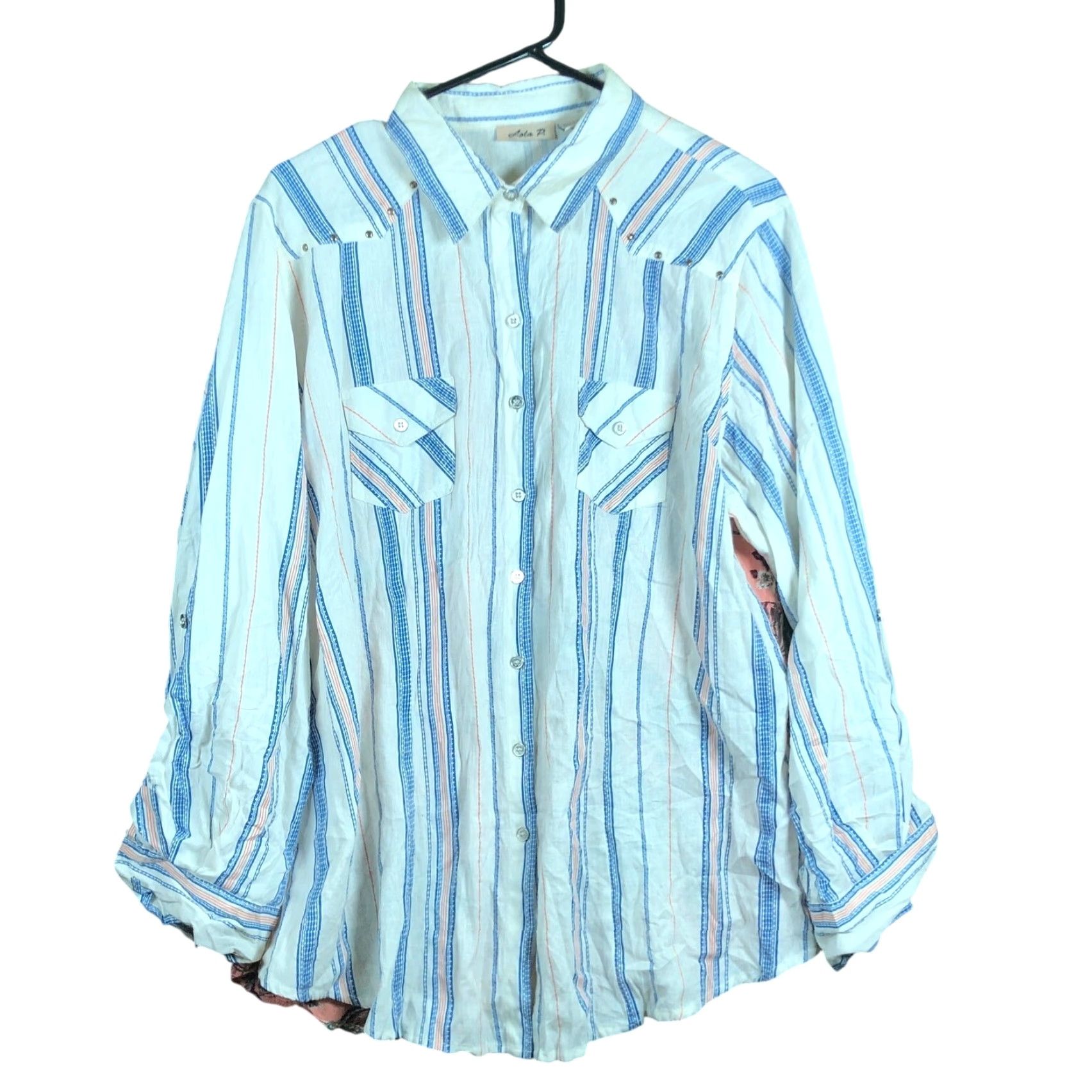Vintage Lola P Womens Blouse White Multi Striped Floral Button Down Collared XL Size XL / US 12-14 / IT 48-50 - 2 Thumbnail