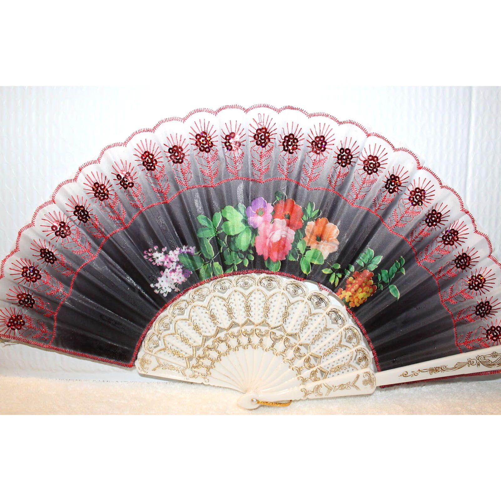 Vintage Vintage Hand Fan with Flower Sequin Embellishments, Small Size, 16 Inch Wide, Womens Accessories Size ONE SIZE - 2 Thumbnail
