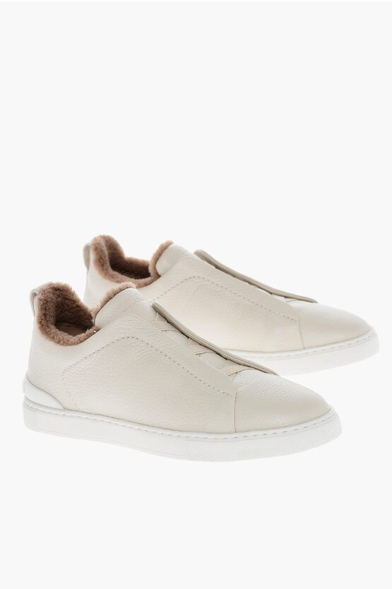 image of Ermenegildo Zegna Textured Leather Triple Stitch Low-Top Sneakers With Faux Fu in Beige (Size 7)