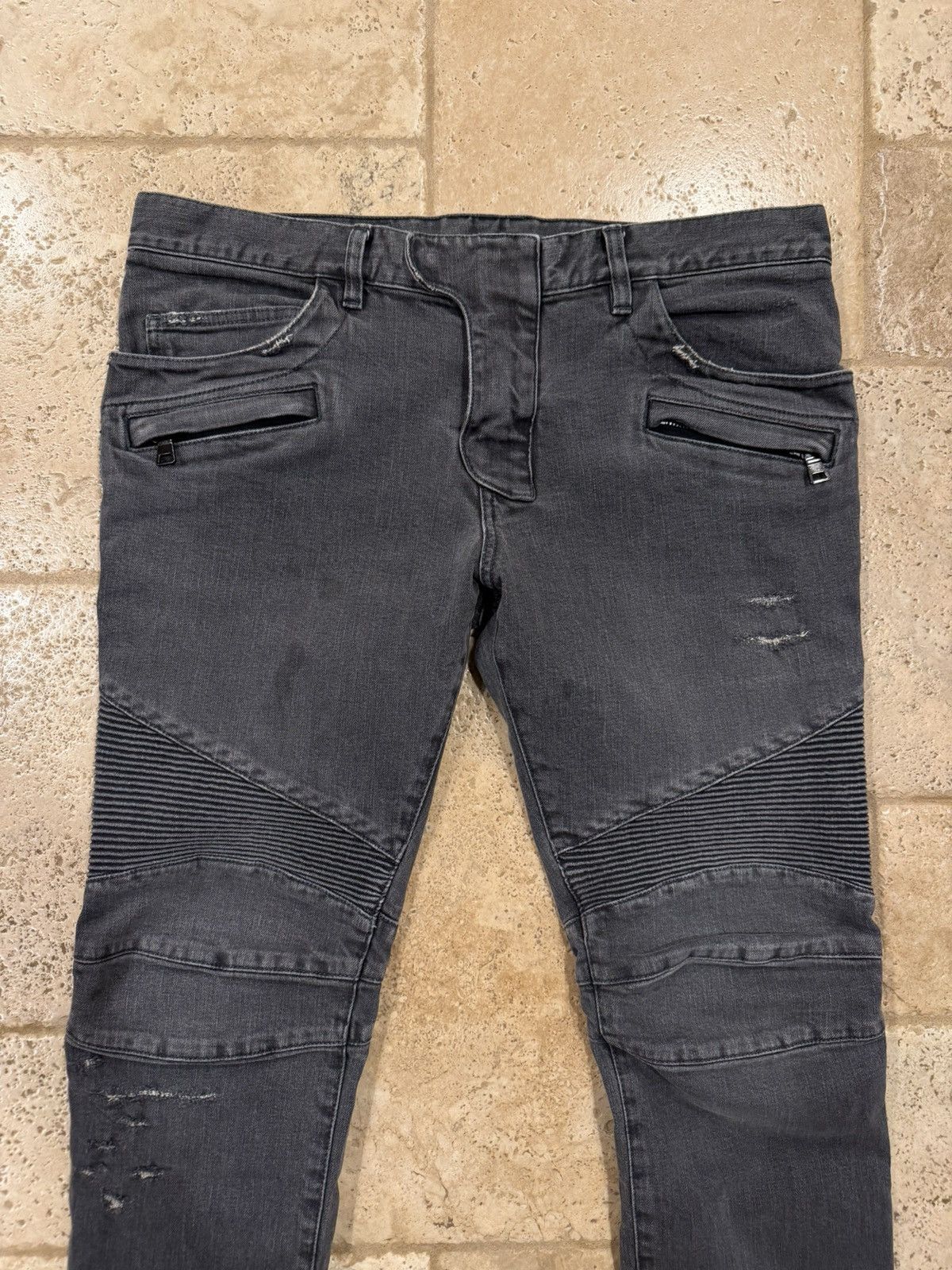 Balmain Balmain Moto Biker Distressed Gray Wash Denim Jeans Size US 35 - 3 Thumbnail