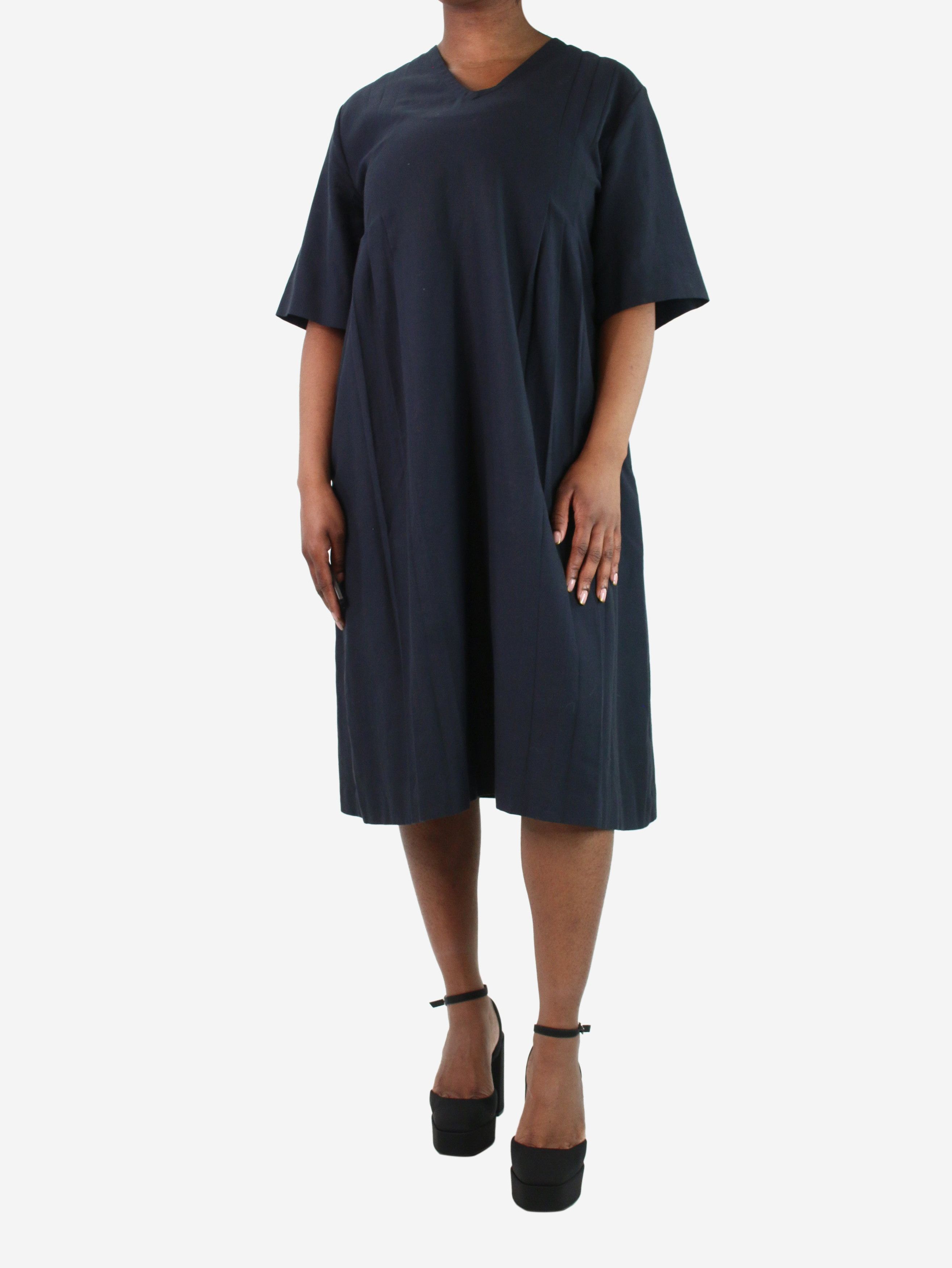 image of Margaret Howell Navy Blue Short-Sleeved V-Neck Dress - Size Uk 14, Women's