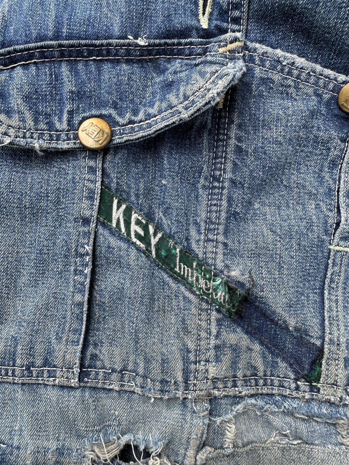 Vintage 50s Trashed Union Selvedge Key Denim patchwork farmer bib Size US 37 - 13 Thumbnail