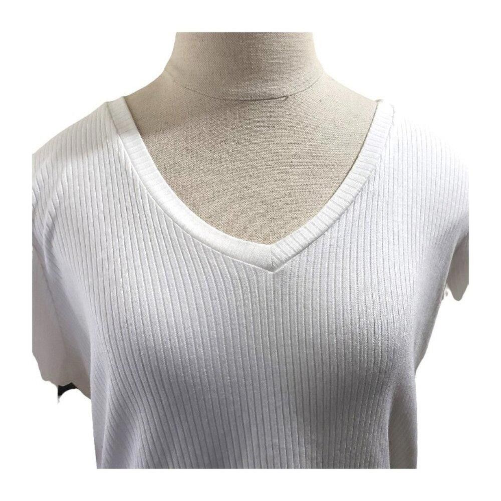 Caruso CT1691 Cyrus White Short Sleeve V-neck Ribbed Top L Size L / US 10 / IT 46 - 3 Thumbnail