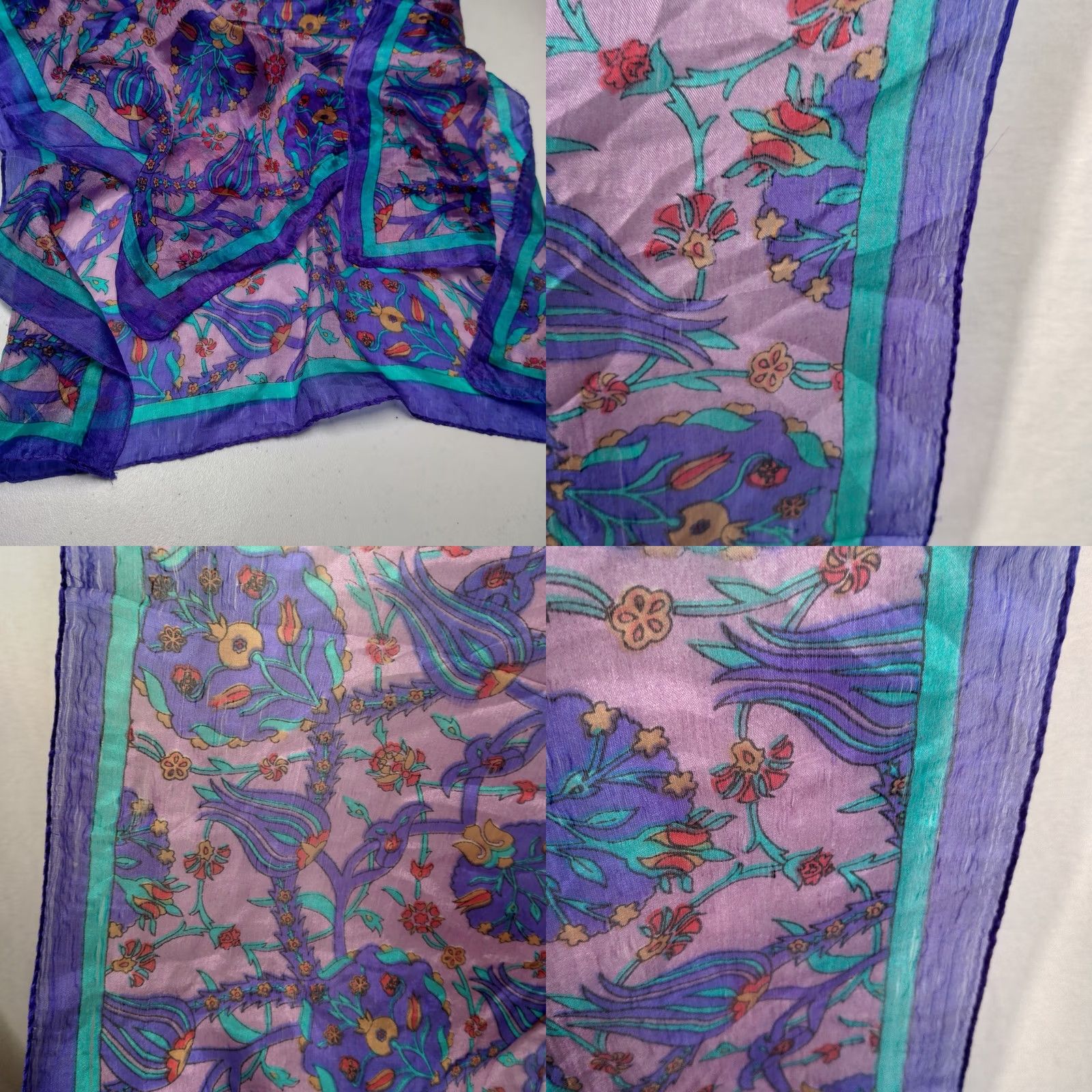 Vintage VINTAGE Scarf Purple Blue Gold Floral Medallion Rectangle Distressed Silk 18.5x67" READ Womens Size ONE SIZE - 10 Thumbnail