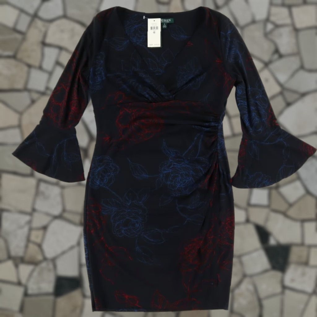 Ralph Lauren Lauren Ralph Lauren Dress Navy Blue Women's 12 Flare Sleeve Floral V-Neck 3/4 Sleeve Slim Cocktail Shirt Size XL / US 12-14 / IT 48-50 - 1 Thumbnail