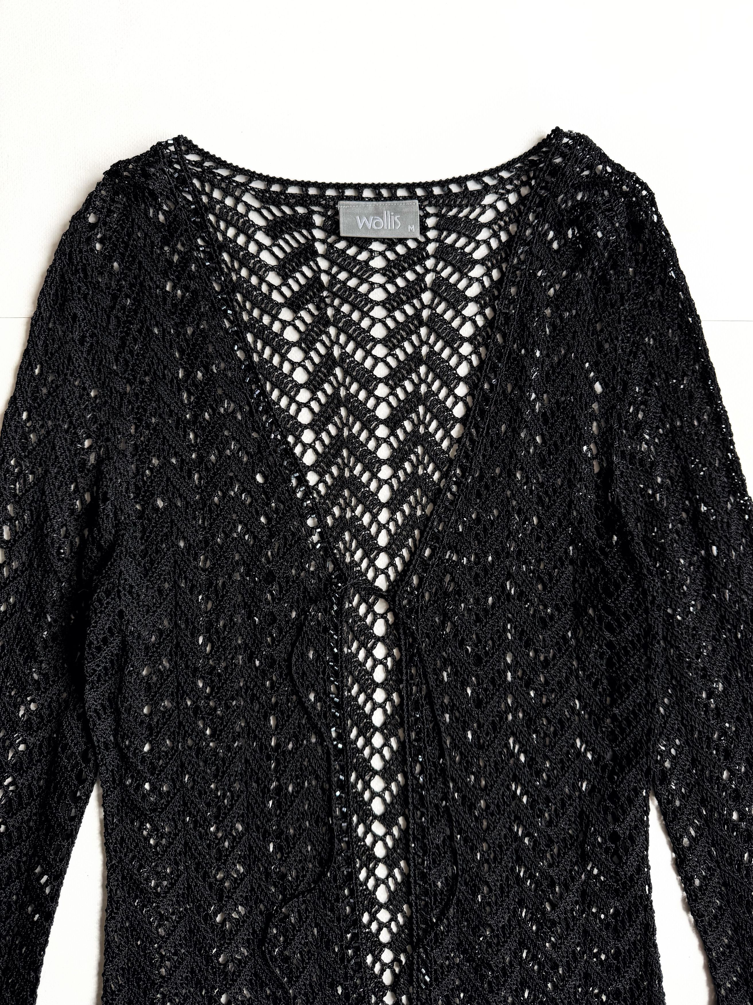 Vintage Vintage Black Crochet Open Knit Tie Front Cardigan (M) Size M / US 6-8 / IT 42-44 - 2 Thumbnail