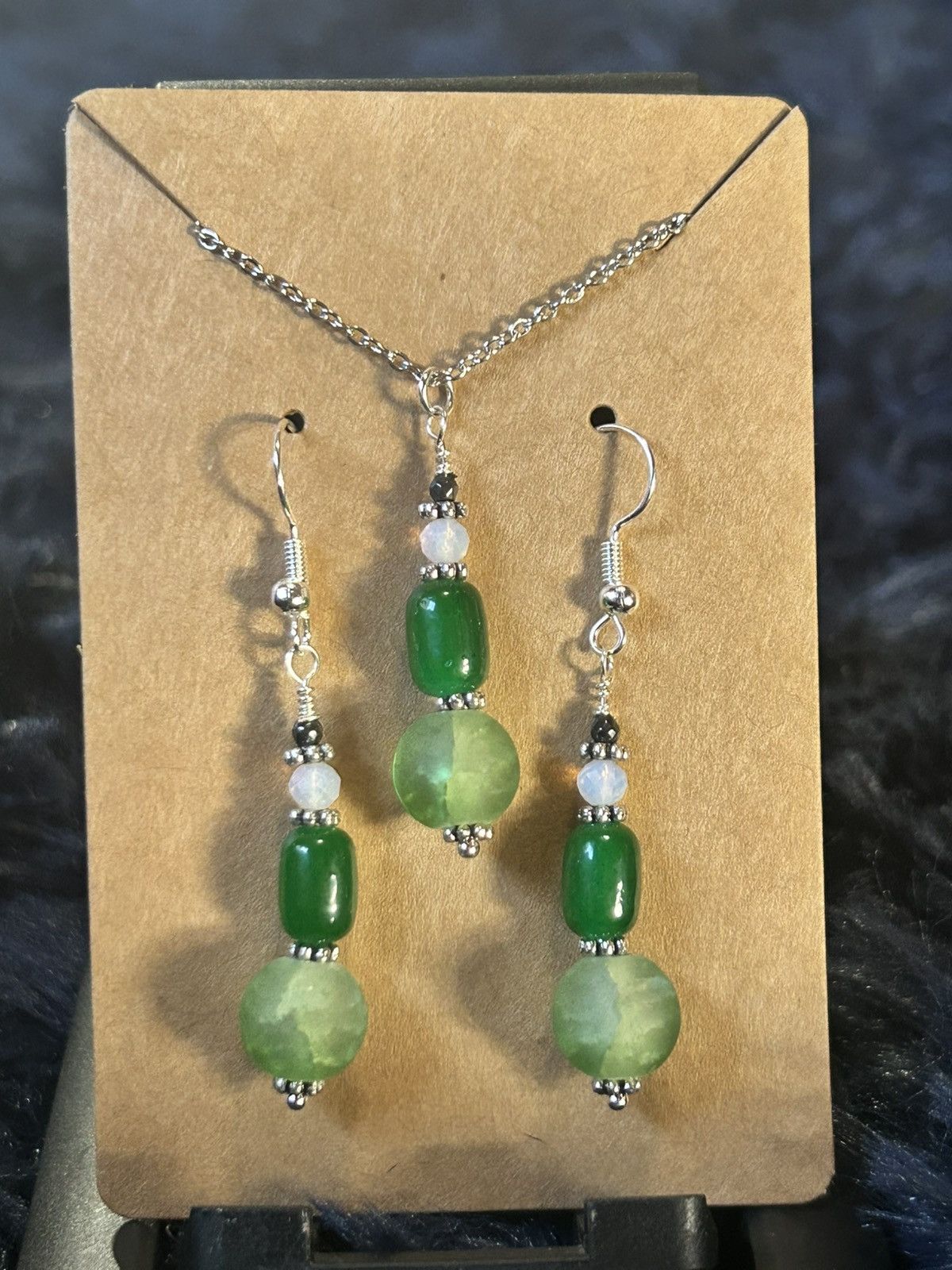 Handmade Handcrafted green crackle glass cat eye barrel opalite set Size ONE SIZE - 2 Thumbnail