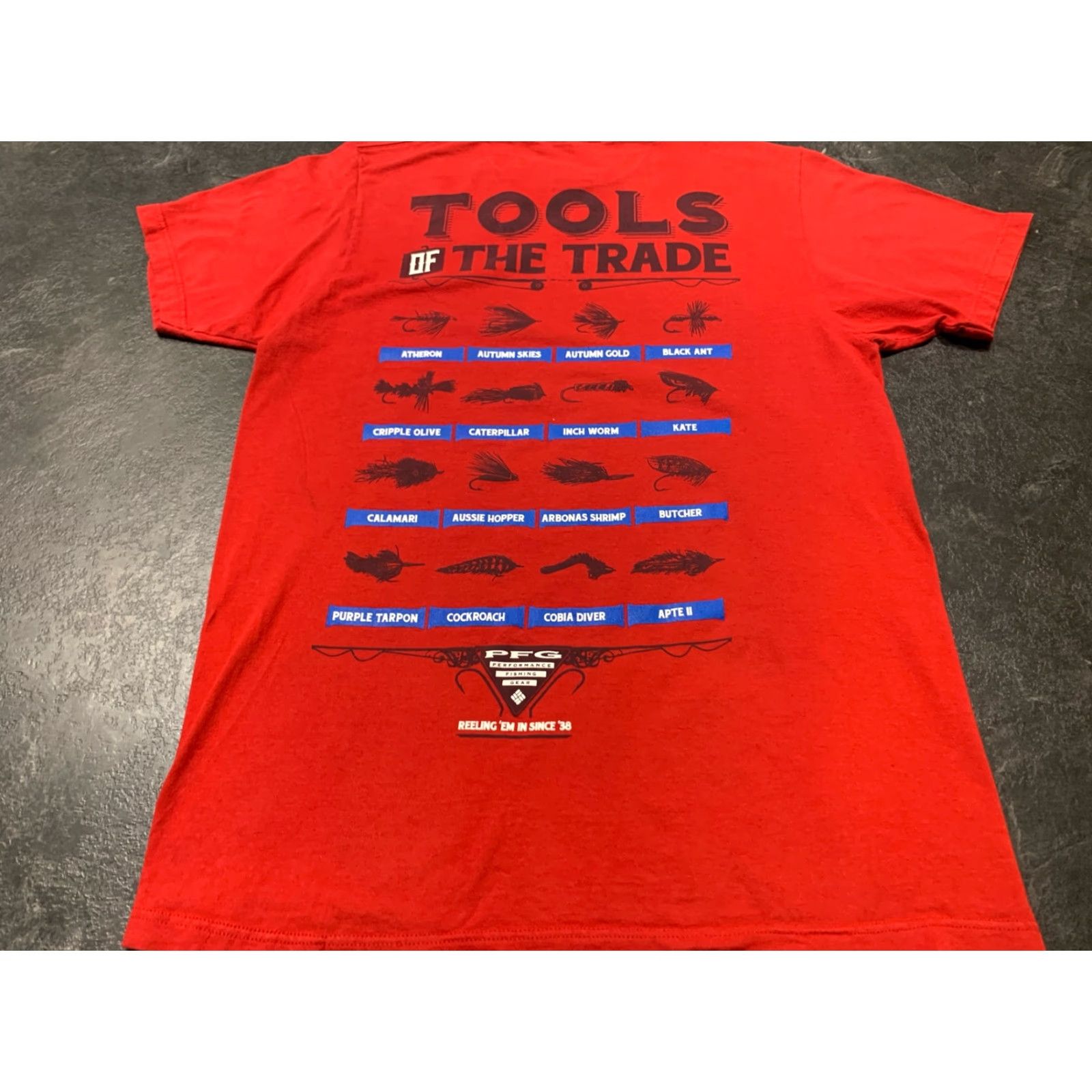 Vintage Columbia PFG Men's Medium Red Graphic T-Shirt "Tools of the Trade" Outdoor Cotton Regular Fit Size US M / EU 48-50 / 2 - 2 Thumbnail