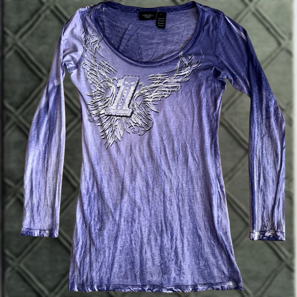 Harley Davidson VINTAGE Y2K Harley Davidson Purple Sheer Blouse Rhinestones Bling Paper Thin Long Sleeve Size S GUC Womens Size S / US 4 / IT 40 - 1 Thumbnail