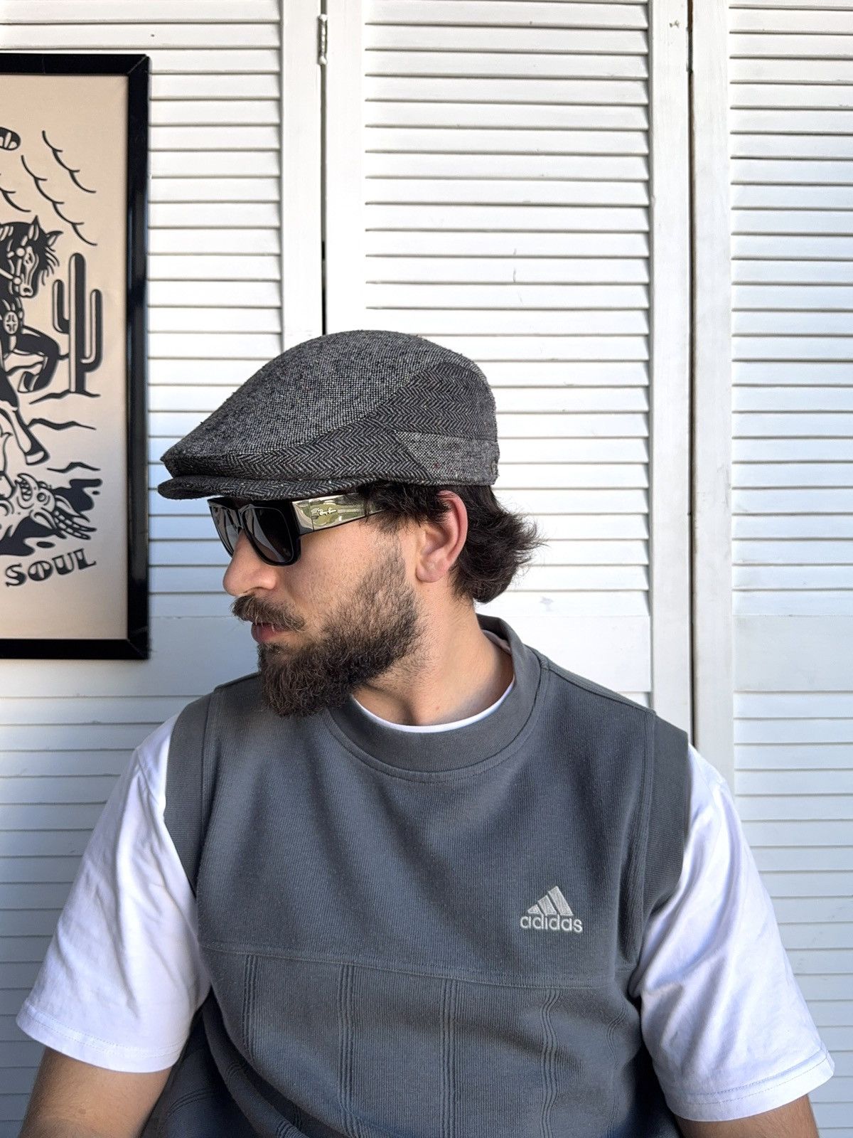 Vintage Vintage Tweed Ivy Cap / Flat Cap – Gray Herringbone Wool Size ONE SIZE - 2 Thumbnail