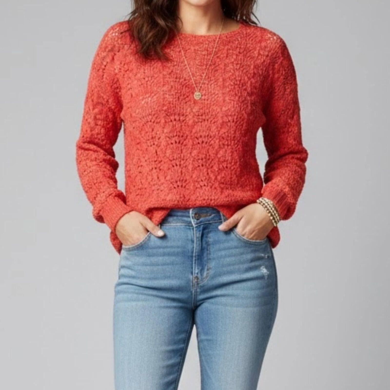 Chicos Chicos Bright Red Crochet Knit Sweater Top Womens 1 Medium Size M / US 6-8 / IT 42-44 - 2 Thumbnail