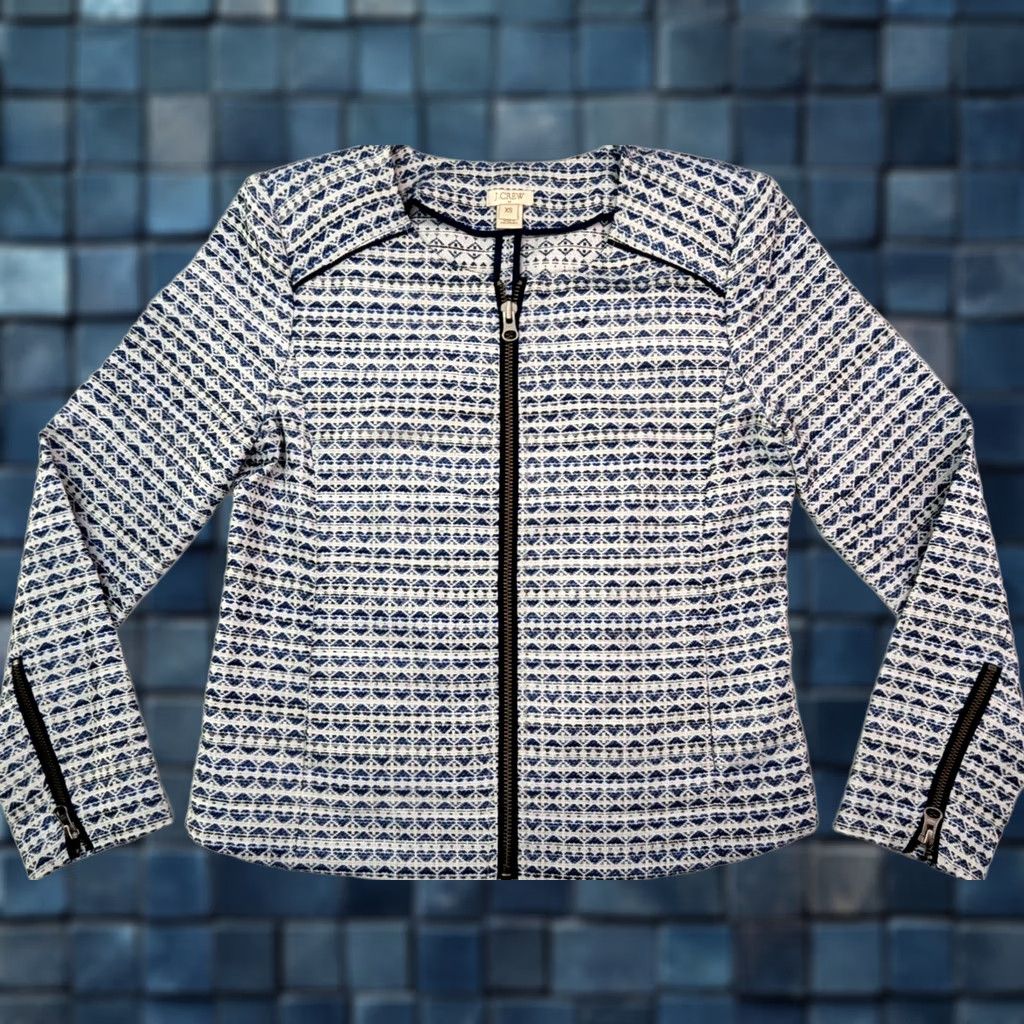 J.Crew J.CREW Blazer Jacket Cropped Blue Geometric Jacquard Womens XS Front Zipper Sleeve Notch Vintage: No Size XS / US 0-2 / IT 36-38 - 1 Thumbnail