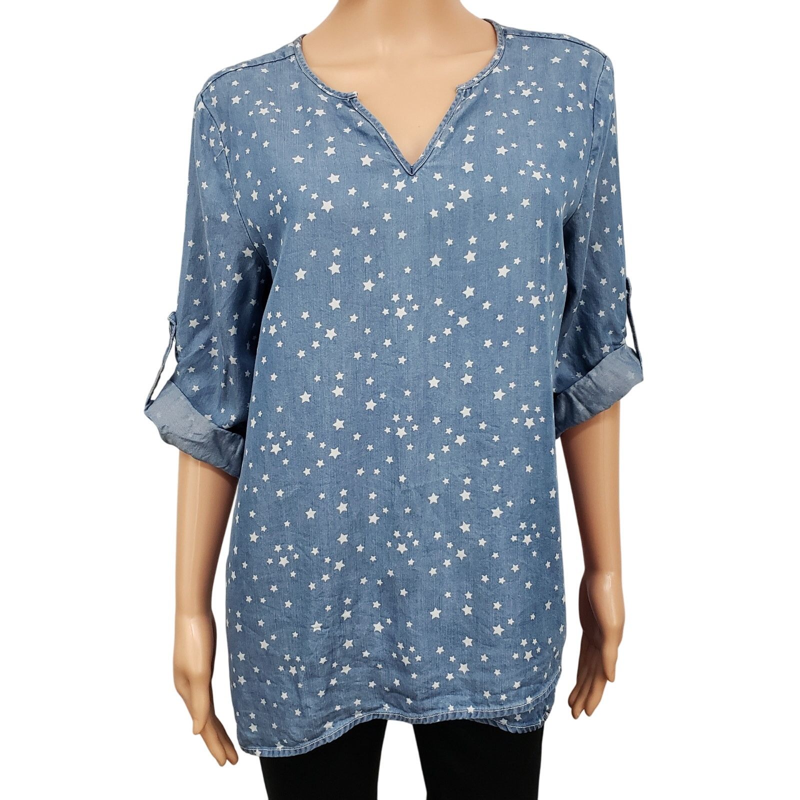Neiman Marcus Philosophy Chambray Shirt Star Hi Low Tunic Roll Tab Tencel Size M / US 6-8 / IT 42-44 - 2 Thumbnail