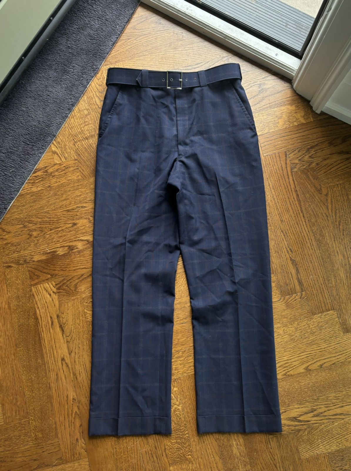 Vintage 1970s Vintage Plaid Trousers 60s Wool Pants Matching Belt Size US 32 / EU 48 - 2 Thumbnail