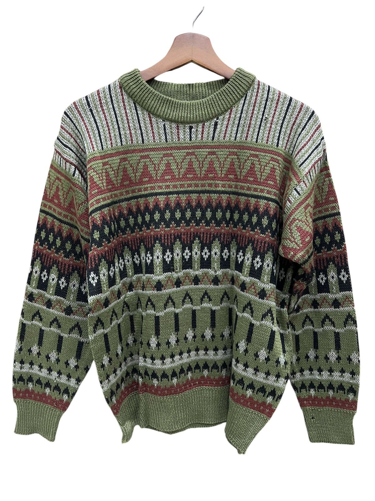 Japanese Brand GRIFFIN Fair Isle Knit Sweater Green Red Nordic Geometric Size US M / EU 48-50 / 2 - 1 Thumbnail