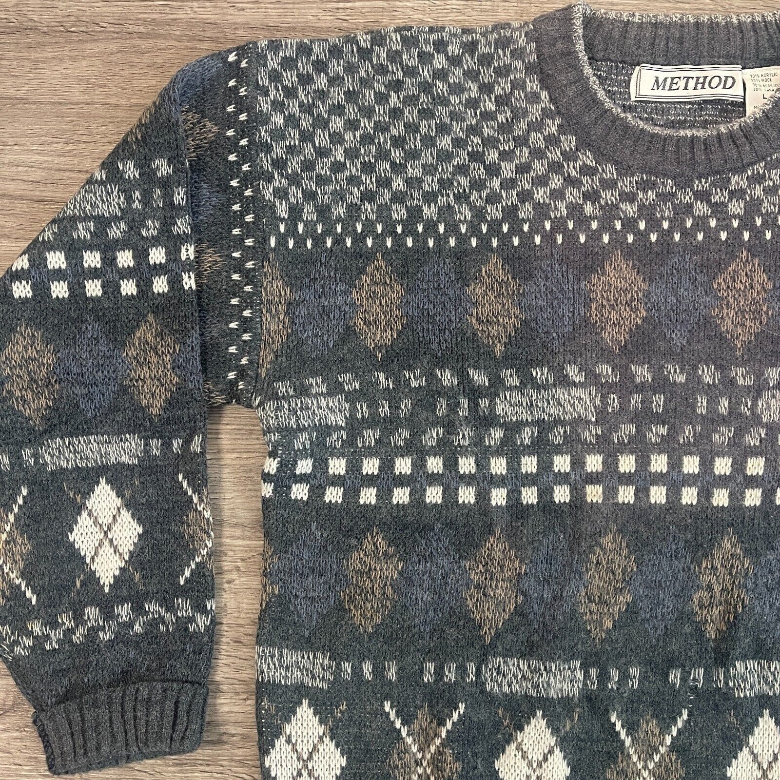 Vintage Vintage 90s Method Gray White Blue Geometric DadCore Sweater Size US L / EU 52-54 / 3 - 4 Preview
