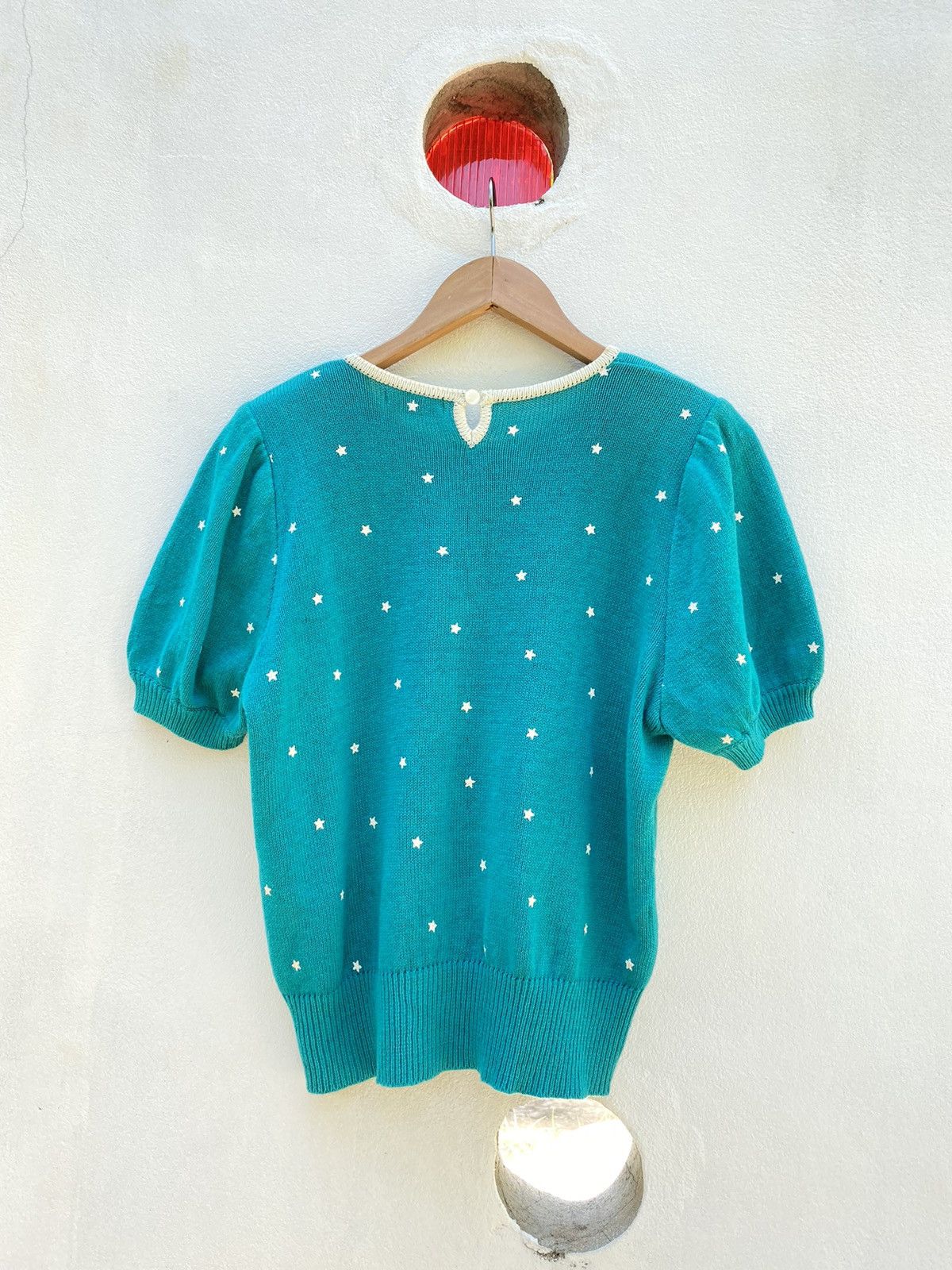 Vintage Paserio Teal Puff Sleeve Knit Top with Star Pattern Size S / US 4 / IT 40 - 25 Thumbnail